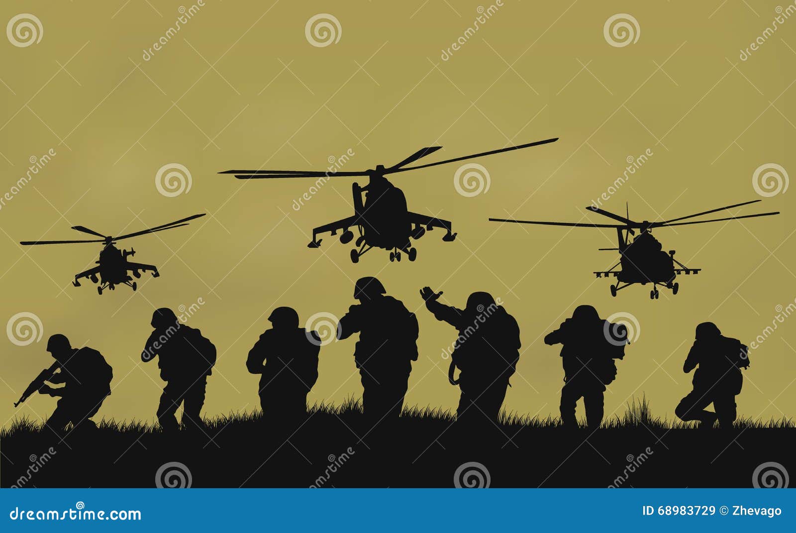 the soldiers going to attack and helicopters.