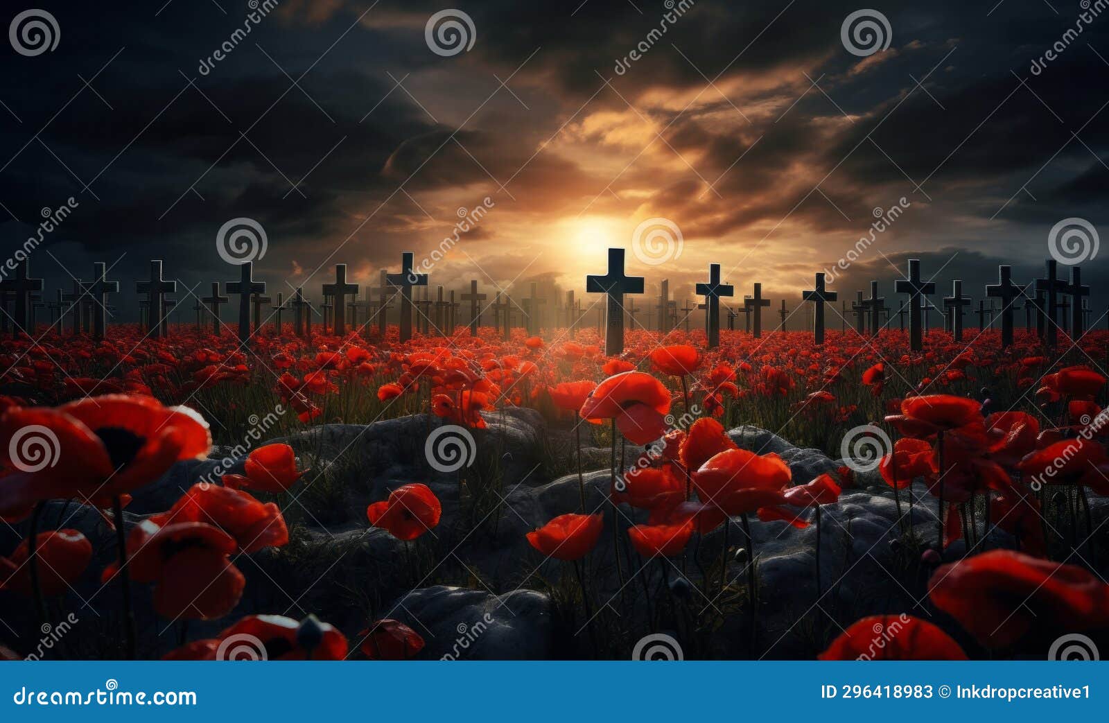 soldiers graves marked with crosses stand in a poppy field. remembrance day background