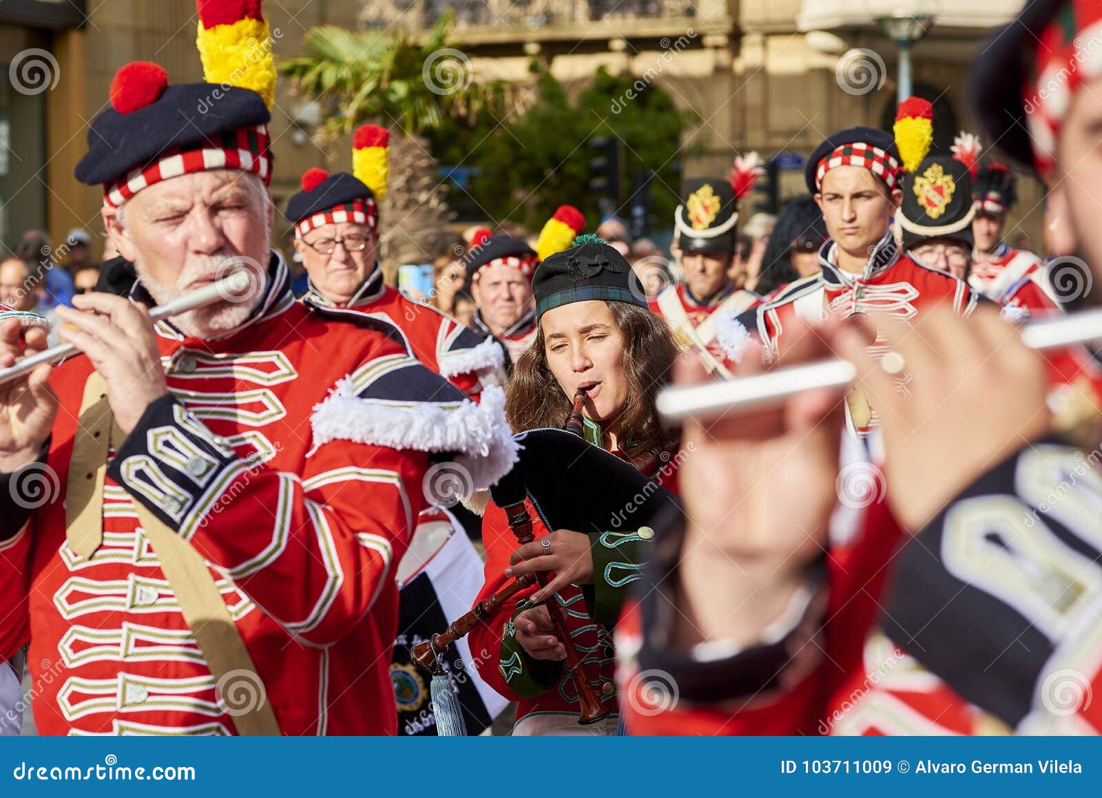 Soldiers Playing Flute and Bagpipe in Tamborrada of San Sebastian ...