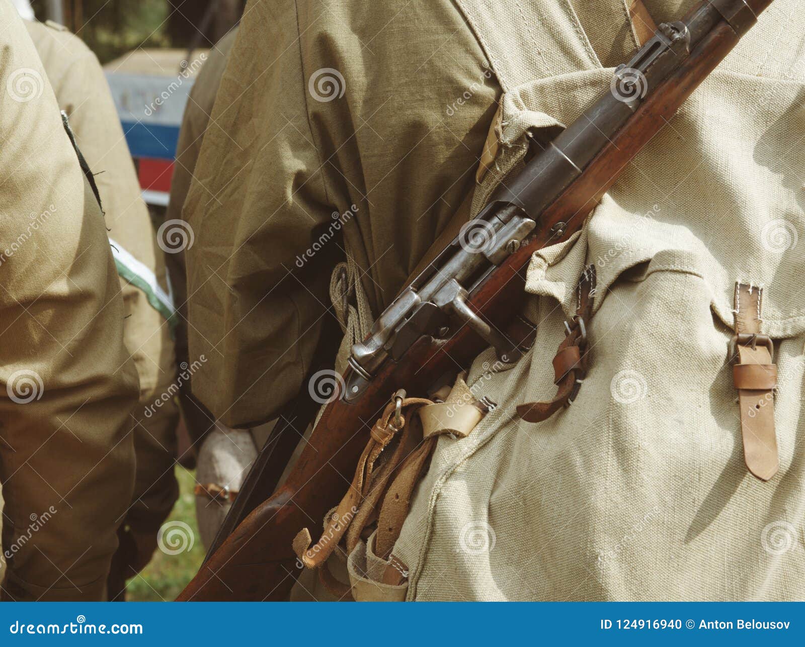 Soldiers in Uniform during the Civil War. Ammunition, Backpack, Stock