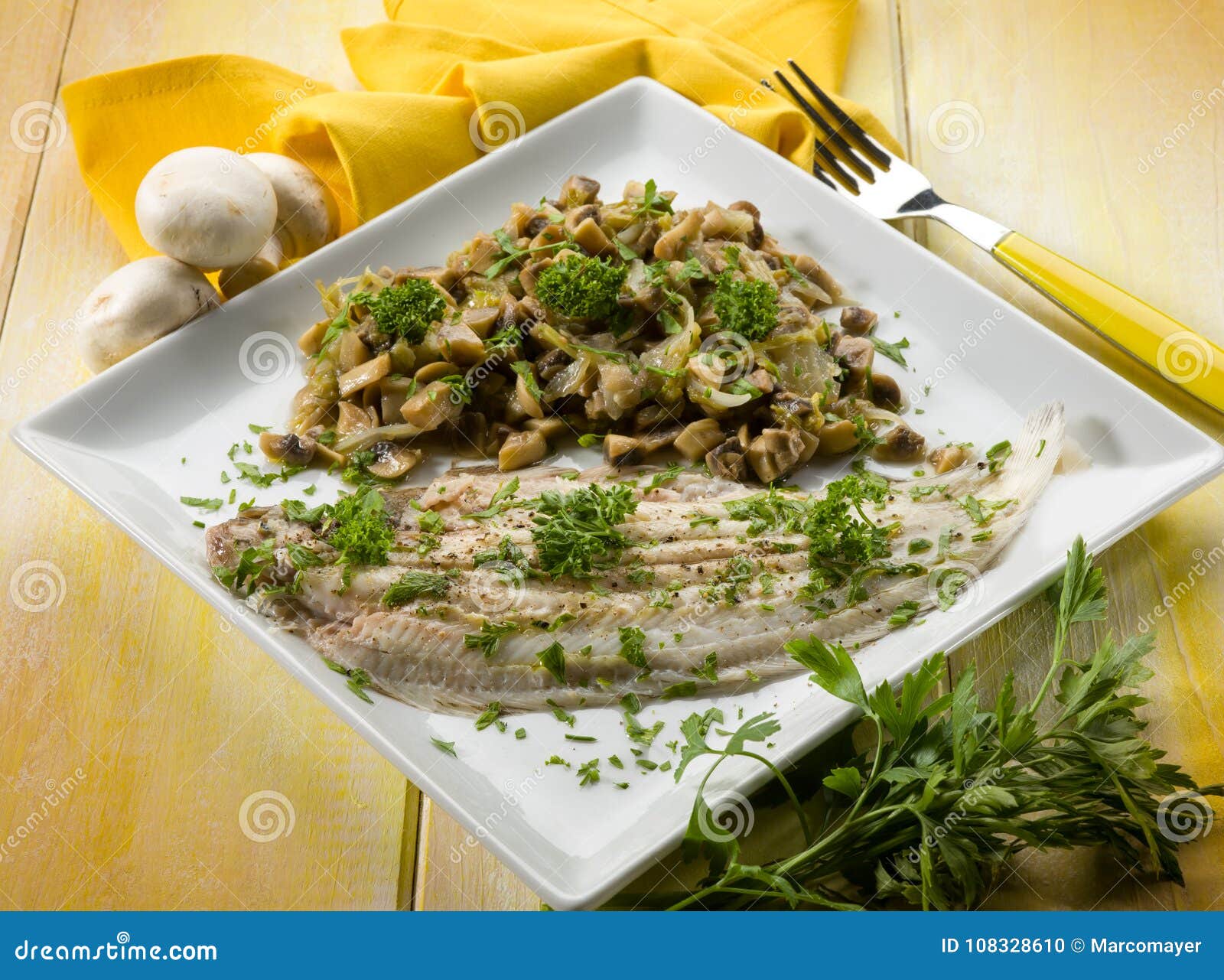 Sole fish with mushroom stock photo. Image of healthy 108328610