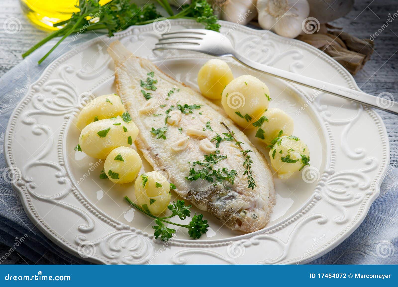 Sole fish with potatoes stock photo. Image of dinner 17484072