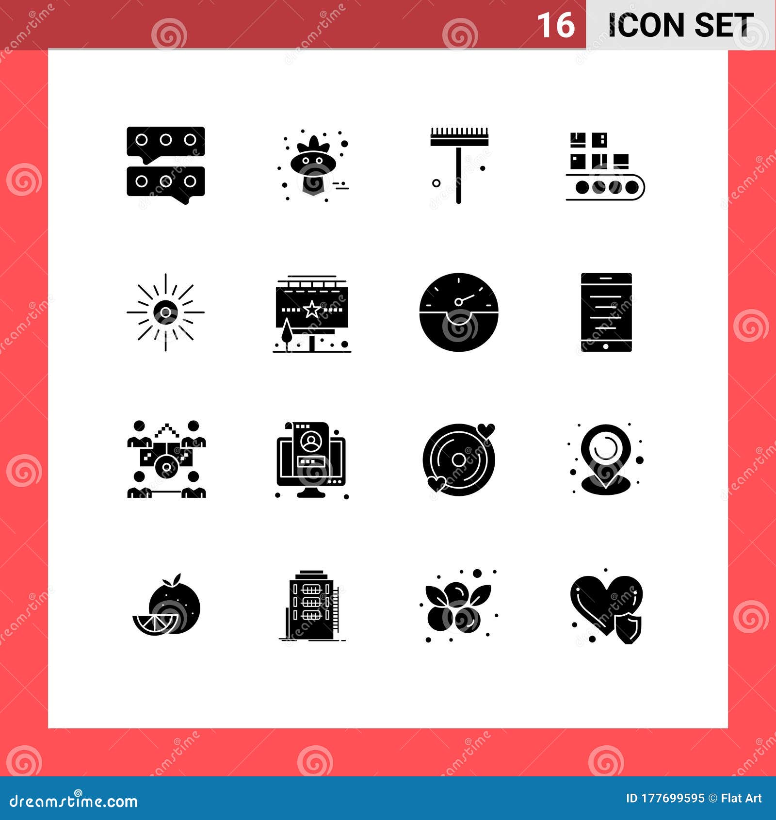 solid glyph pack of 16 universal s of light, production, gardener, product, line