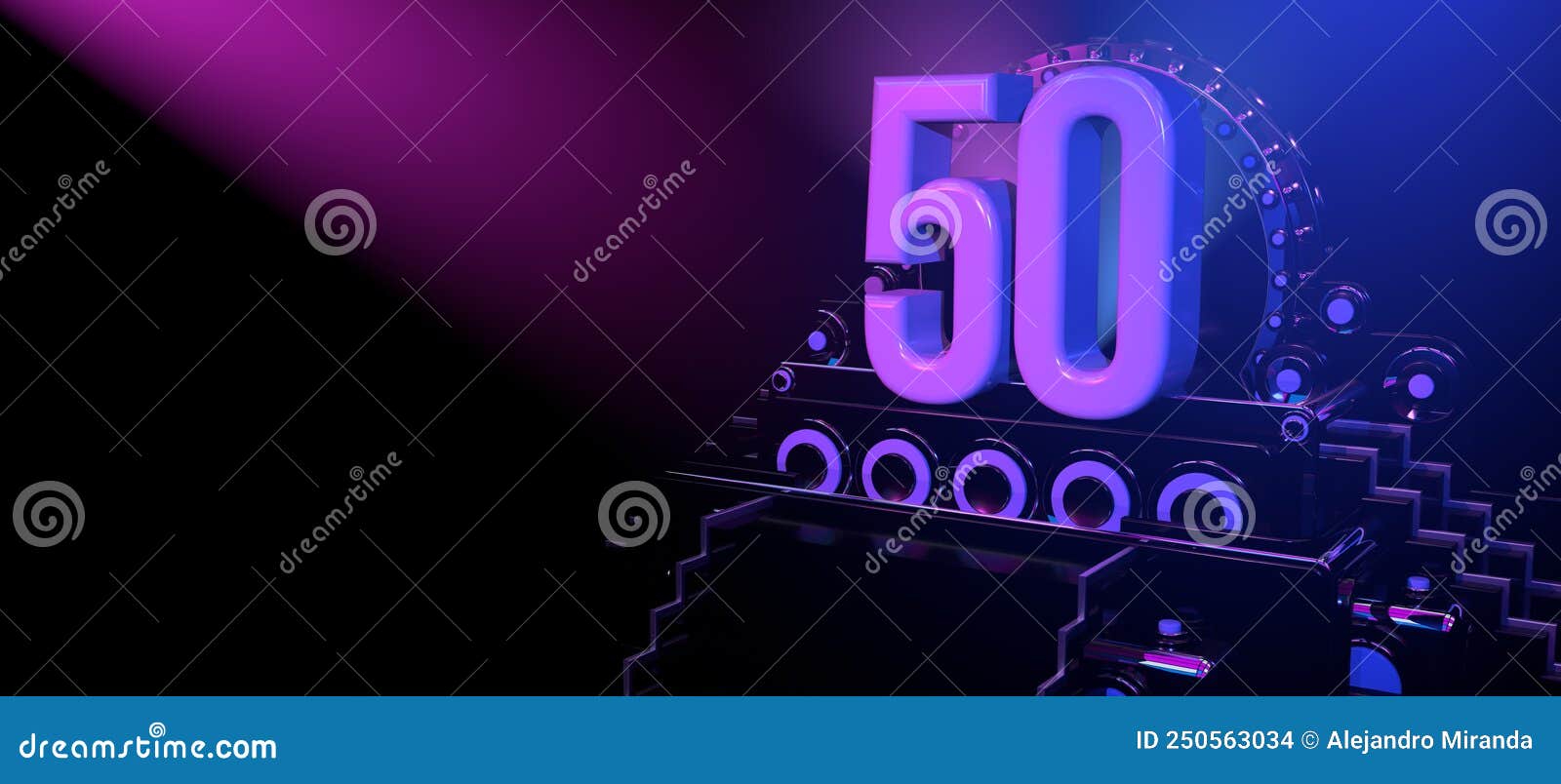 Solid Number 50 on a Reflective Black Stage Illuminated with Blue and