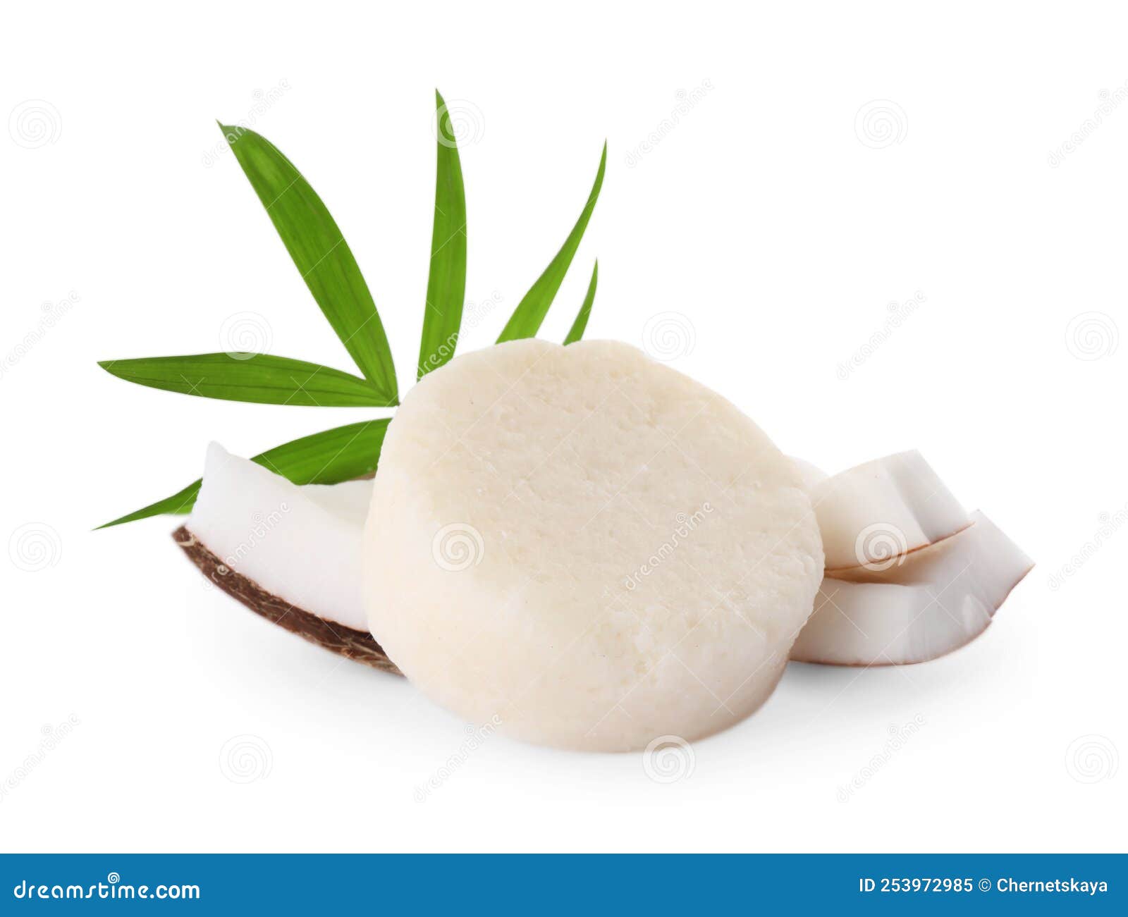 Solid Shampoo Bar, Leaf and Coconut Pieces on White Background. Hair
