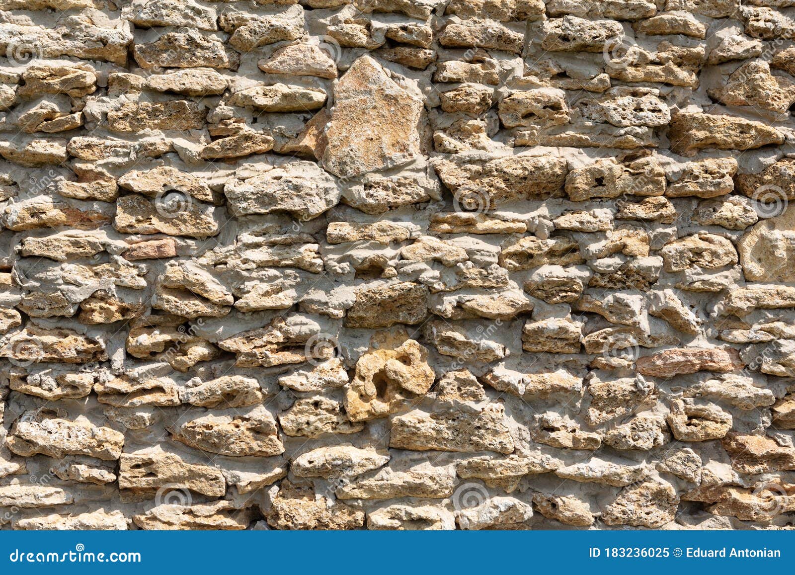 Solid Wall Made of Yellow Natural Stone Shell Rock, Frontal Arrangement