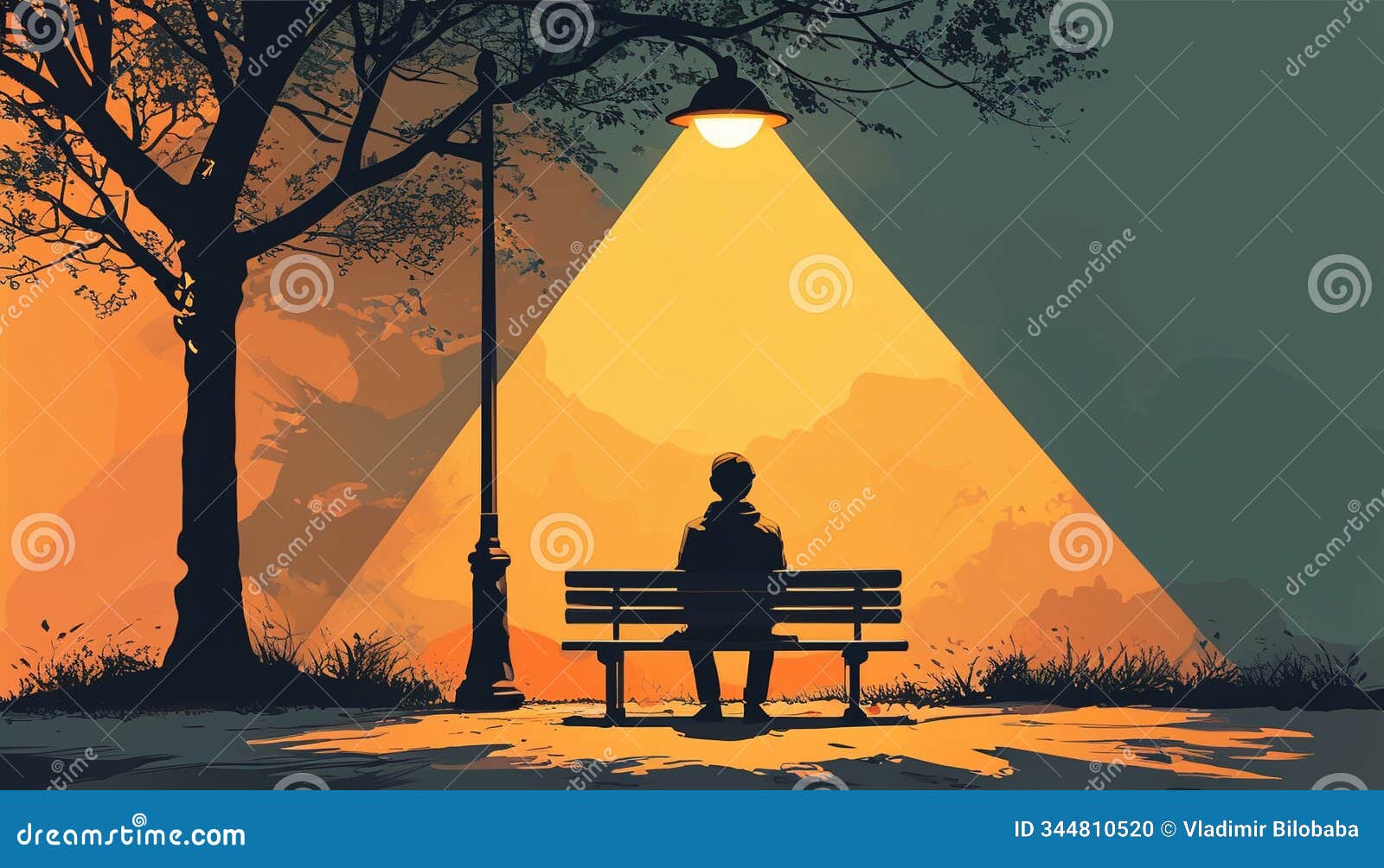 a solitary figure reflects under a glowing streetlamp at dusk in a serene park