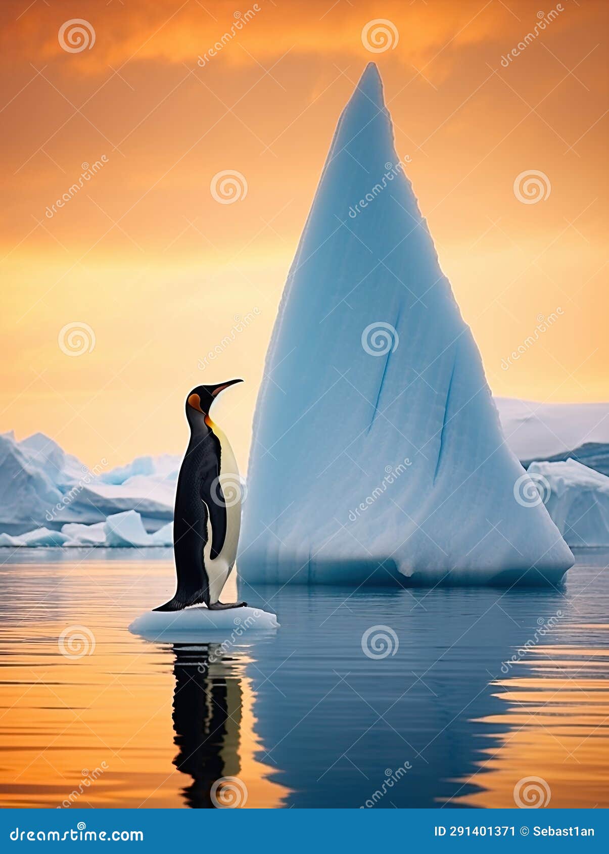 solitary penguin standing on ice with the vast waters and an orange-hued sky in the background.