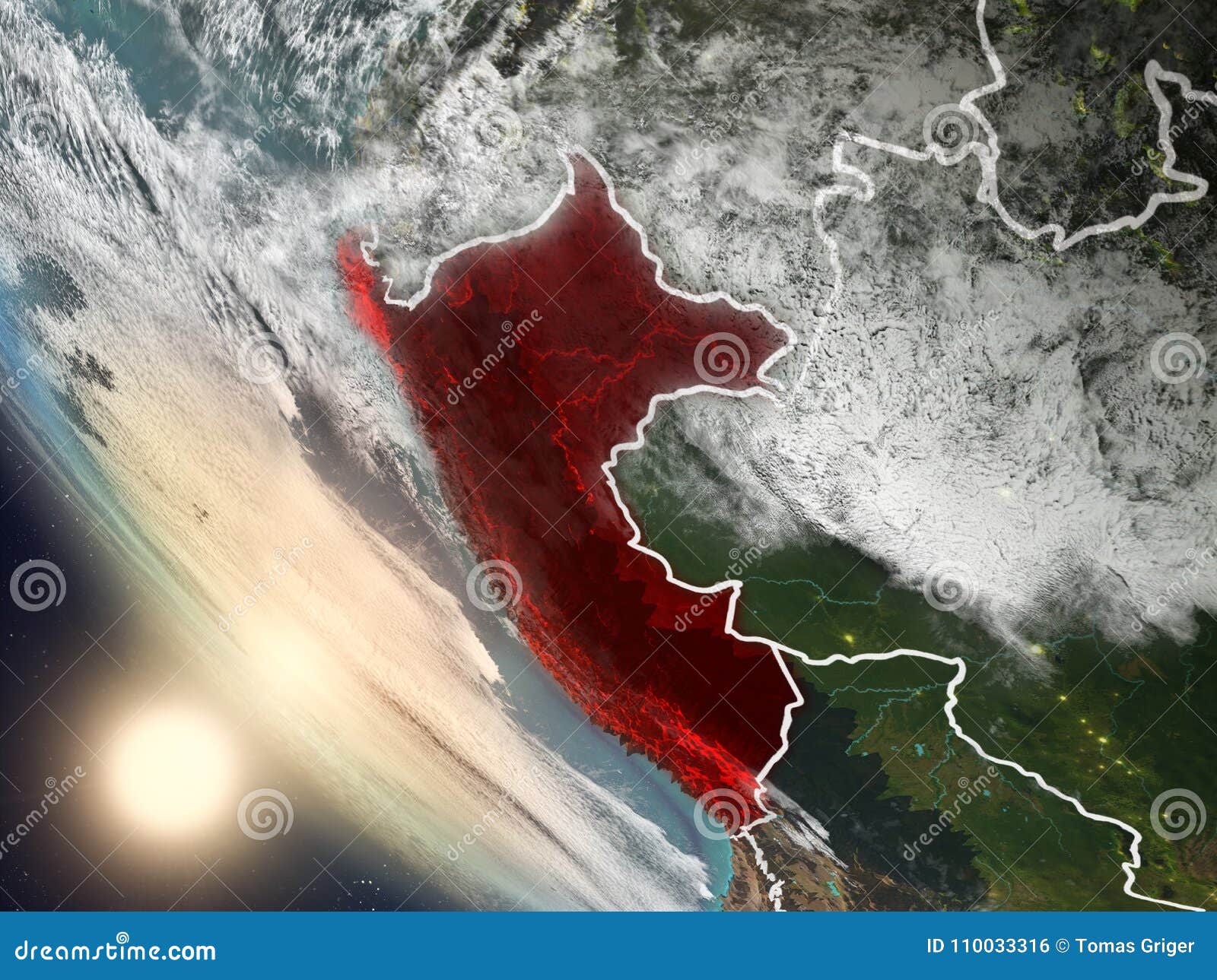 Solnedgång ovanför Peru från utrymme. Illustrationen av Peru som sedd från den Earthâ€™s omloppet under solnedgång med det synliga landet gränsar illustration 3d Beståndsdelar av denna avbildar möblerat av NASA