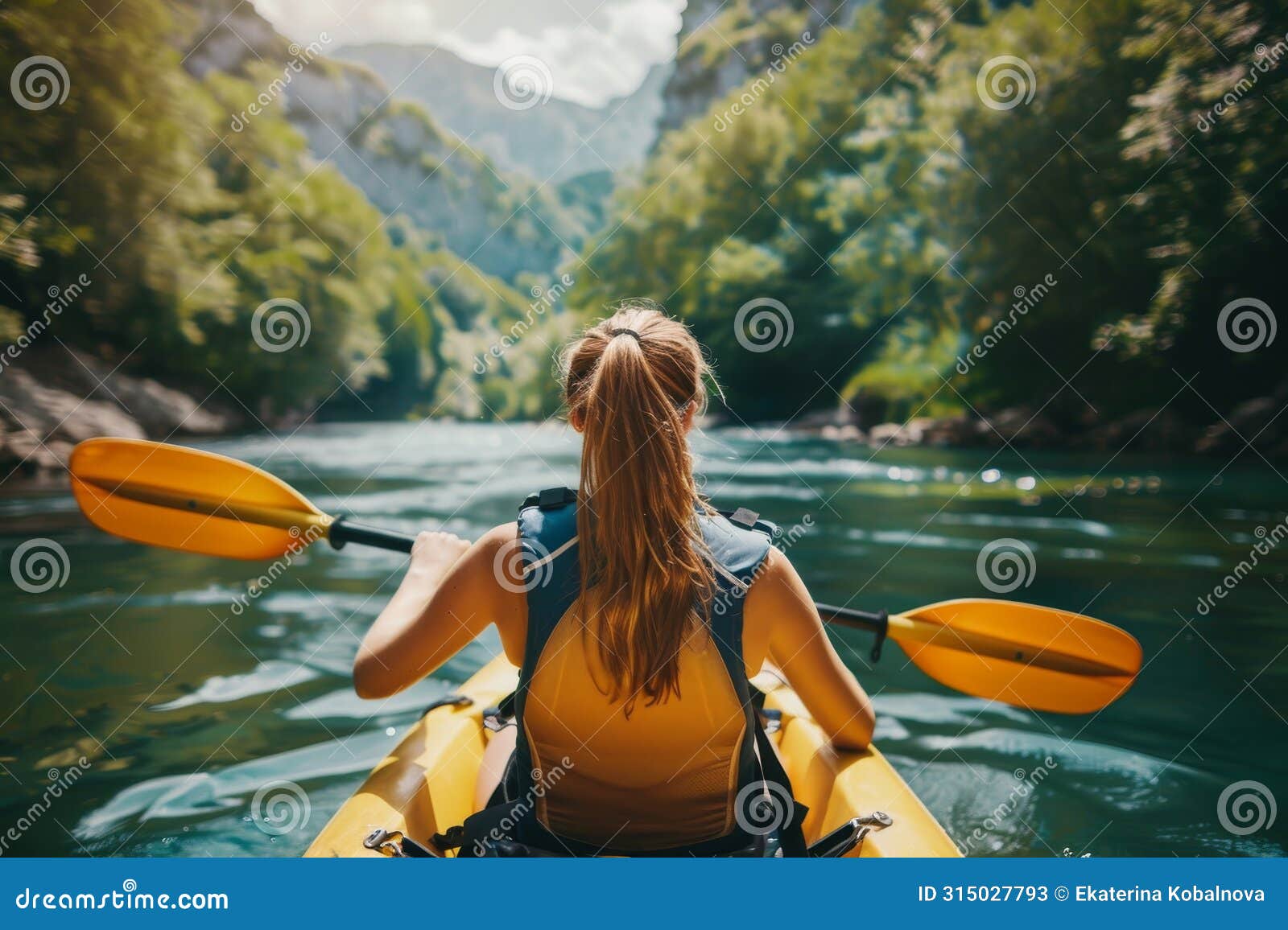 solo female kayaker in picturesque river, serene summer scene for outdoor adventure seekers