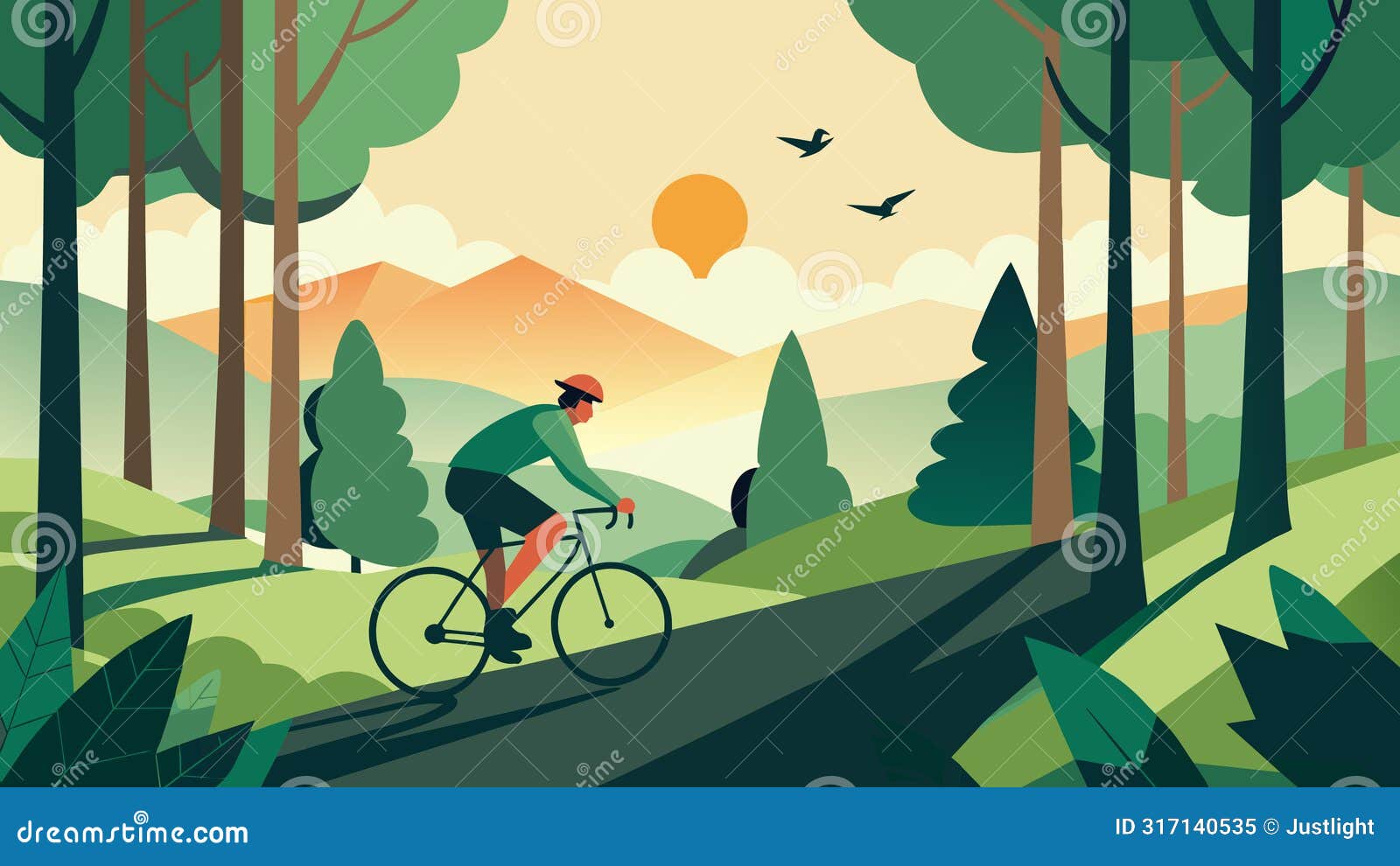a solo rider pedaling through a peaceful forest the sunlight peeking through the tall trees and birds chirping in the