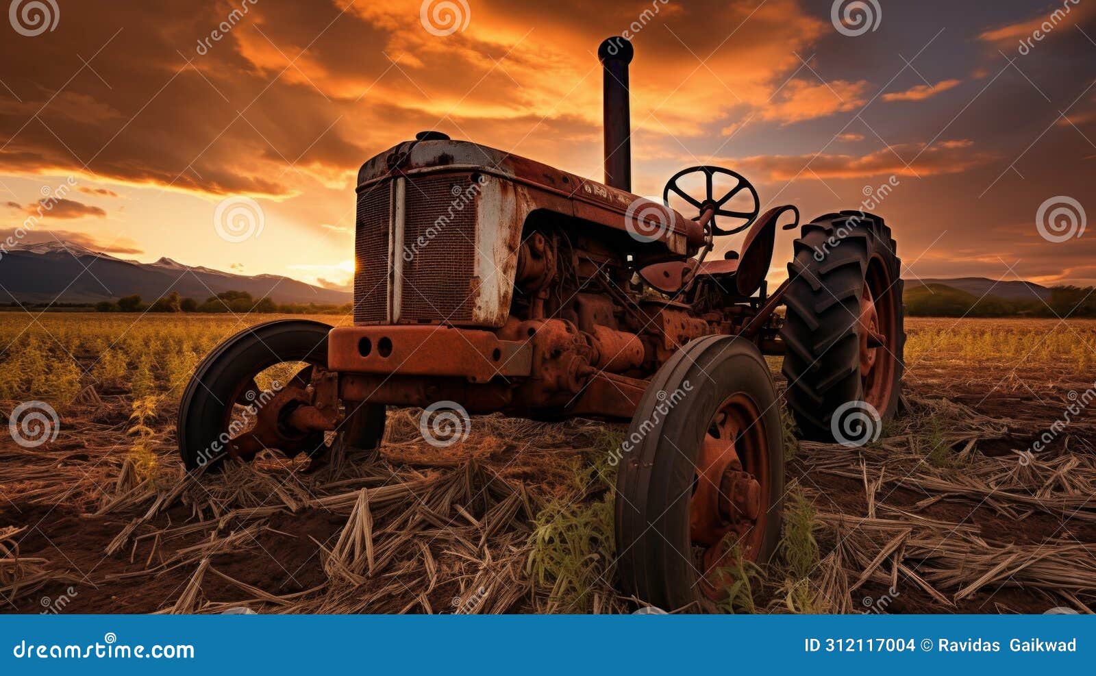 solo tractor forsaken in wild meadow nature reclaiming