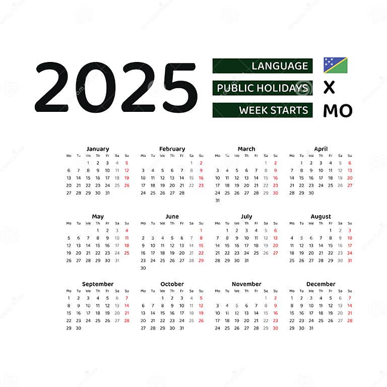 Solomon Islands Calendar 2025. Week Starts from Monday. Vector Graphic