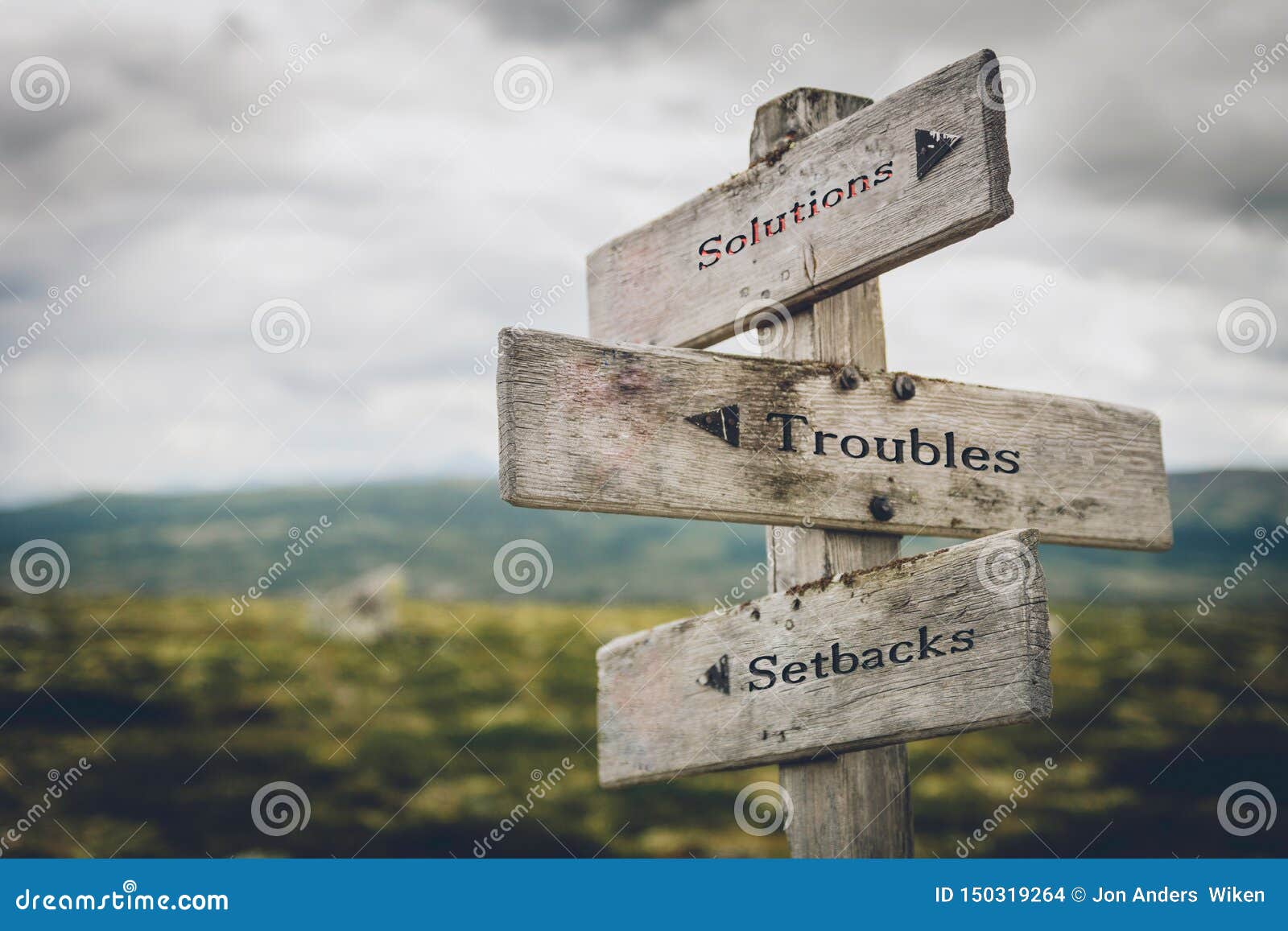 solutions, troubles and setbacks signpost.