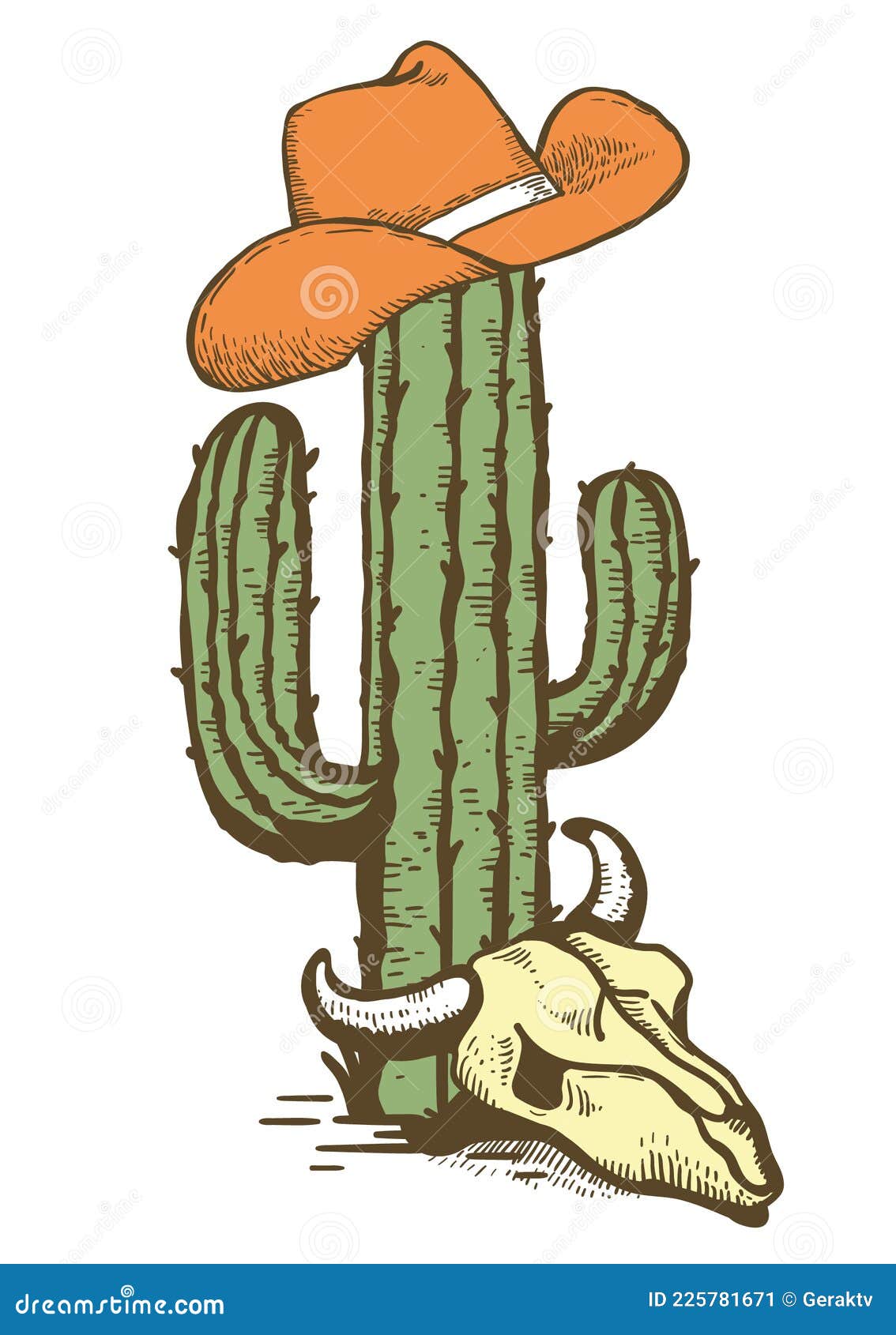 Sombrero De Vaquero En Cactus Con Cráneo Vaca. Símbolo Vintage Americano Occidental Ilustración De Color Dibujada a Mano Aislad Ilustración del Vector - Ilustración de verano, cacto: 225781671