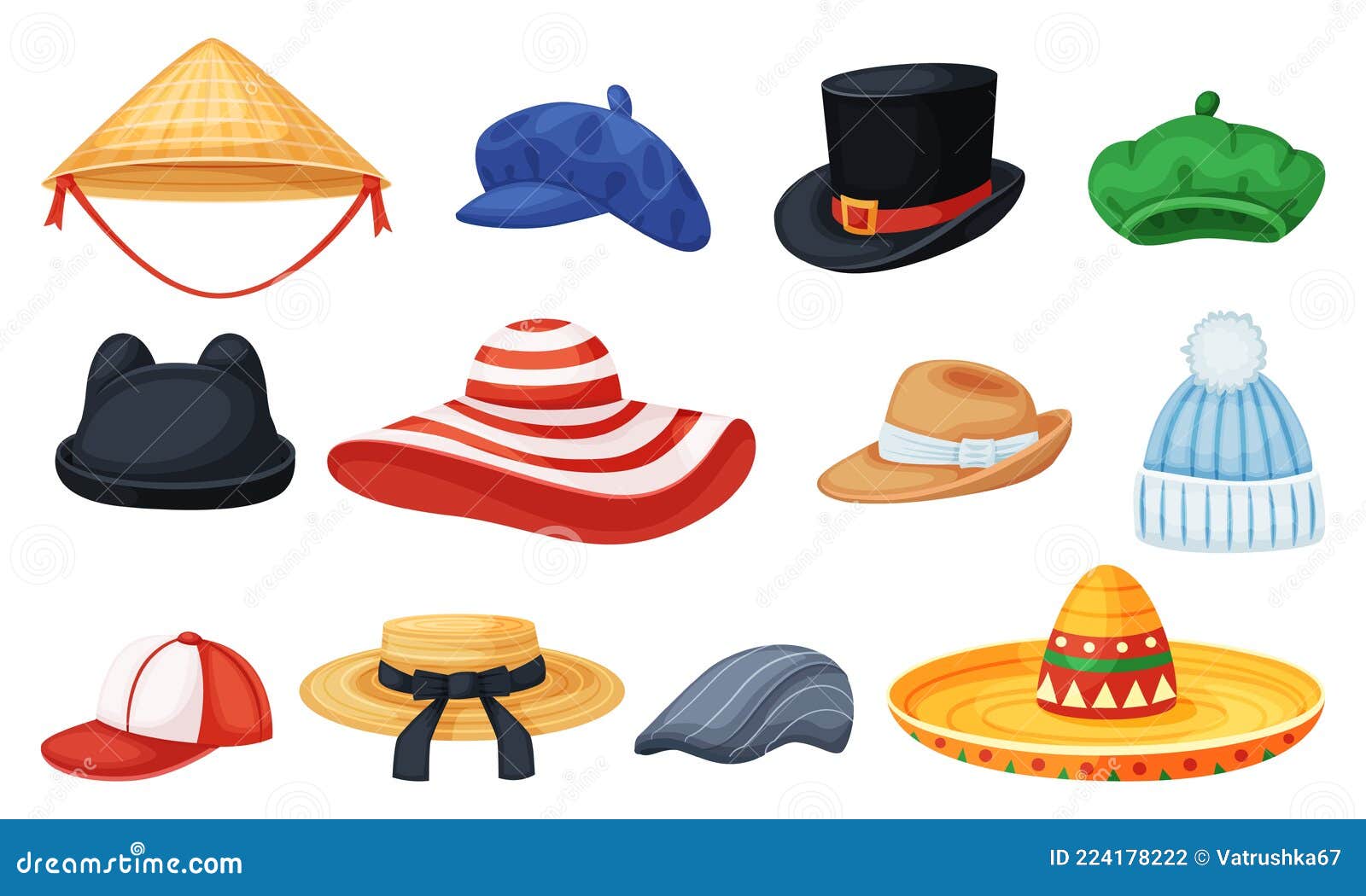 Sombreros De Dibujos Animados. Gorra De Béisbol De Panama Cilindro Beret  Sombrero. Hombre Y Mujer Verano Elegante Cabeza De Moda Ilustración del  Vector - Ilustración de casquillo, verano: 224178222