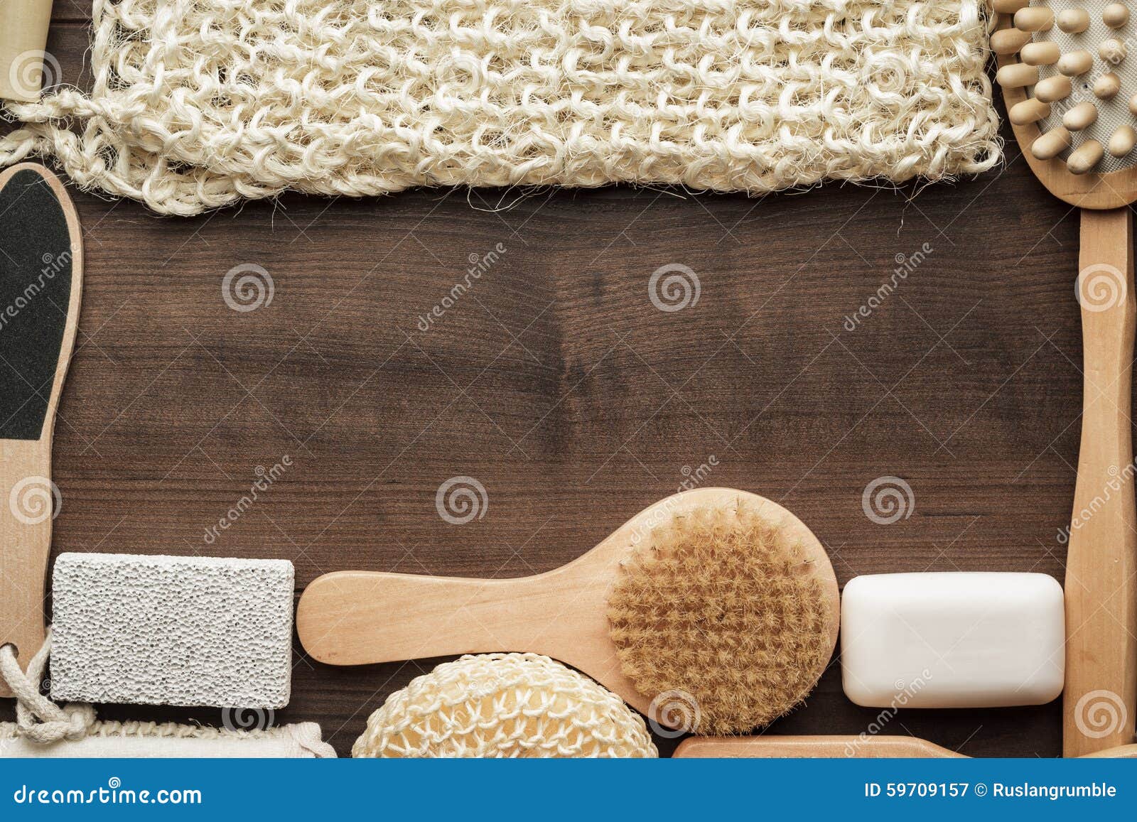 Some Bath Accessories on Brown Wooden Background Stock Image Image of