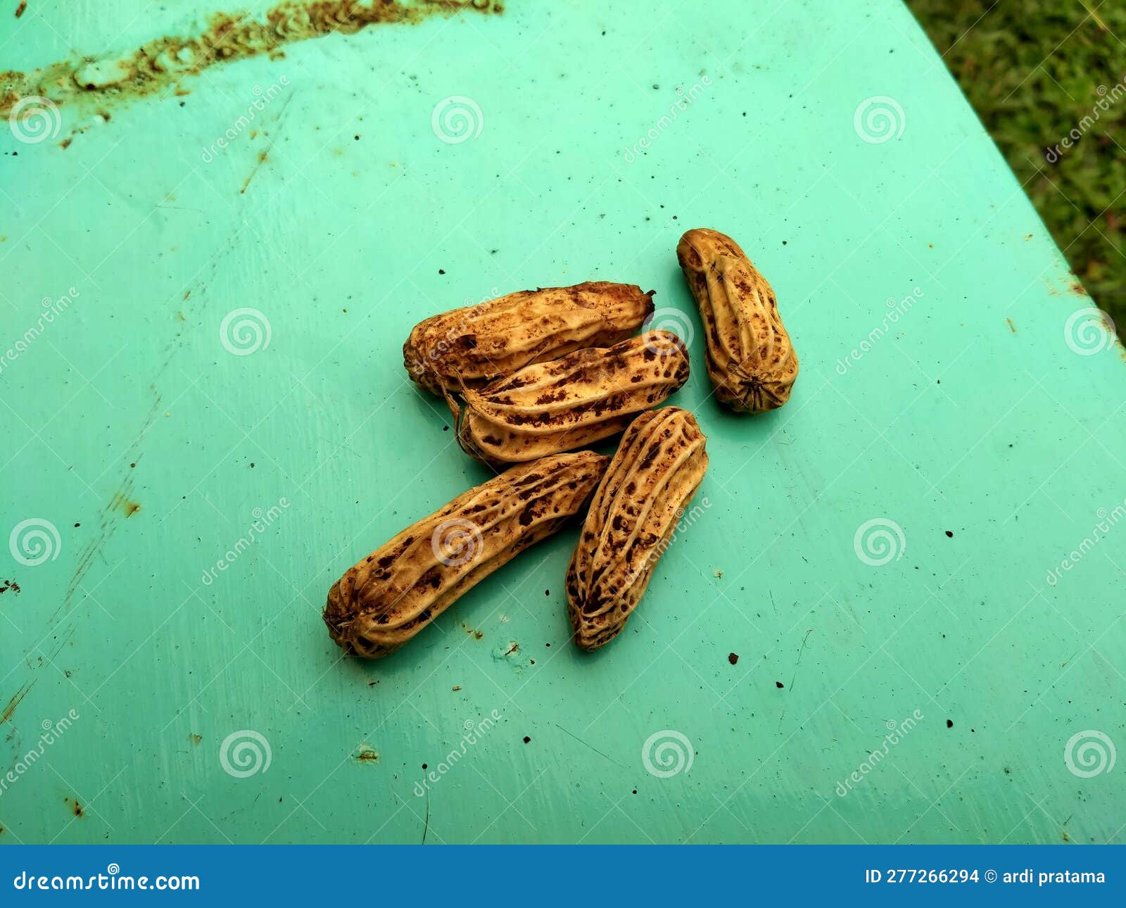 Some Boiled Peanuts on a Green Iron Table Outdoors. Stock Photo Image