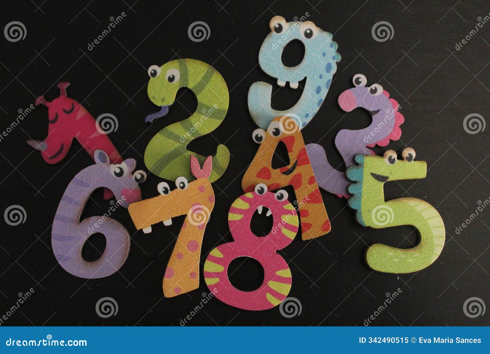 some colorful and fun messy wooden numbers in black background