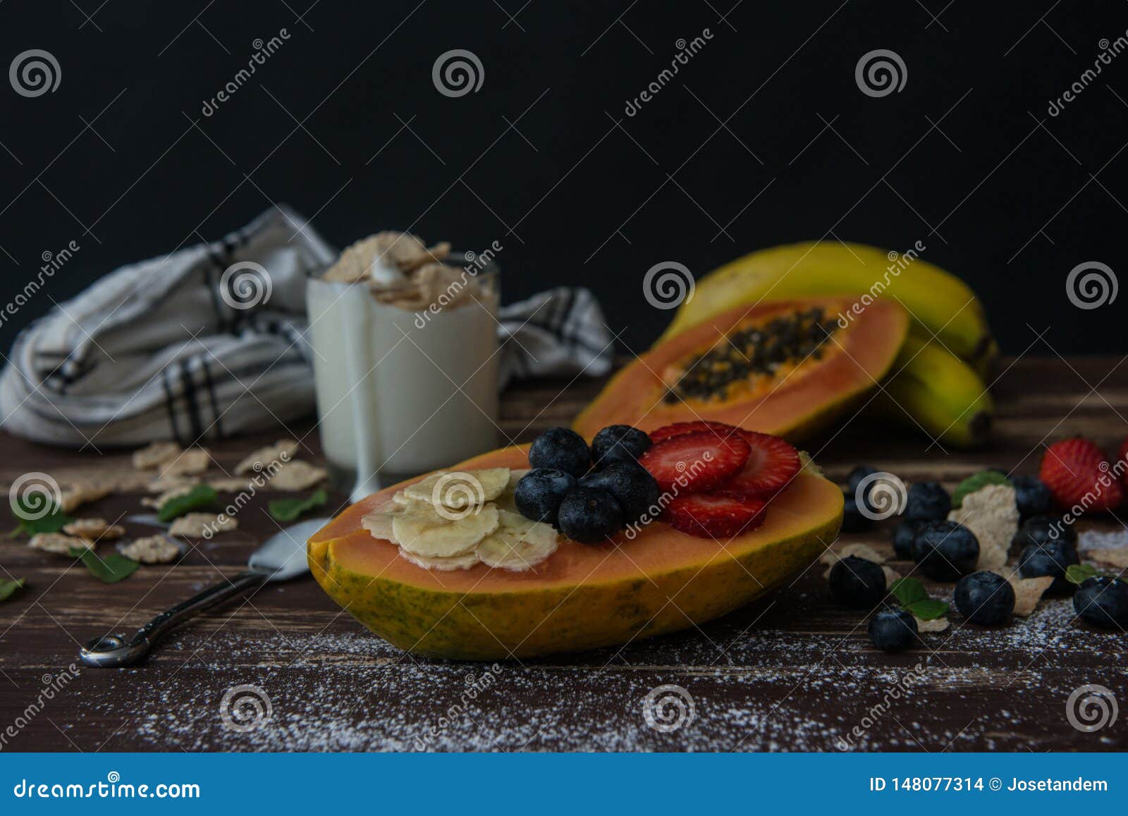 some fruits with cereals and yogur