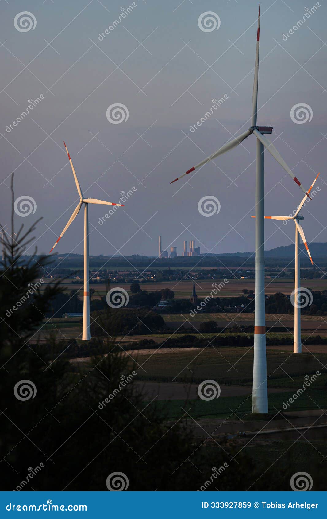 modern wind turbines in the evening light perpendicular