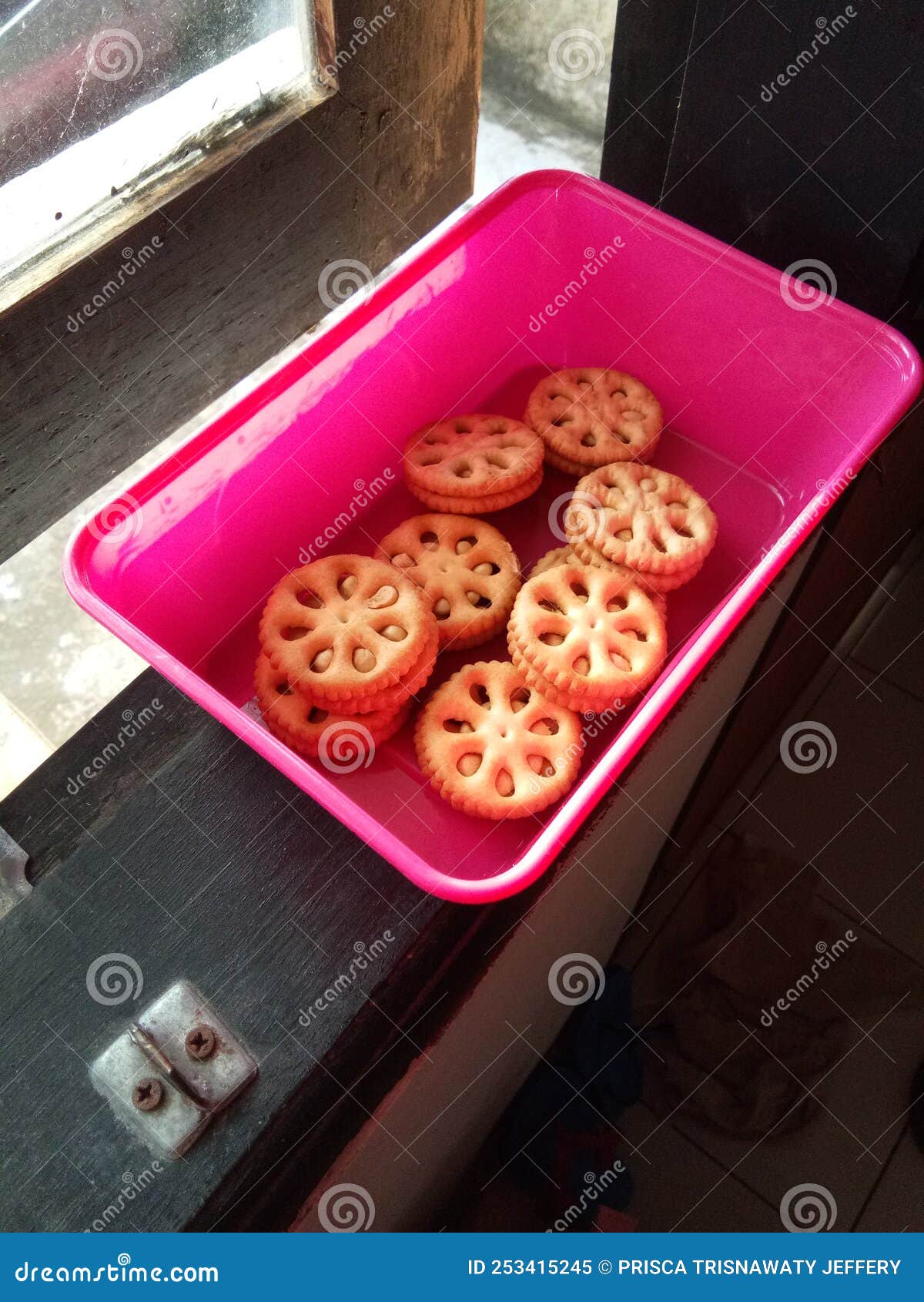 Some Sweet Round Cookies in a Pink Plastic Box Stock Image Image of
