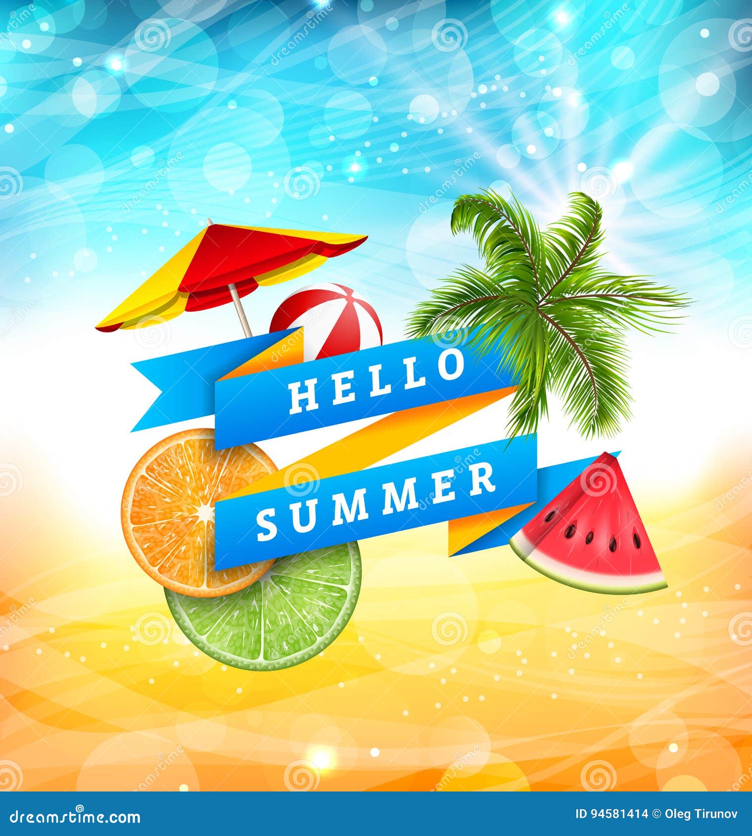 Sommer-Spaß-Plakat-Design Mit Wassermelone, Regenschirm, Wasserball,  Scheiben Der Orange Und Kalk Vektor Abbildung - Illustration von einladung,  fest: 94581414