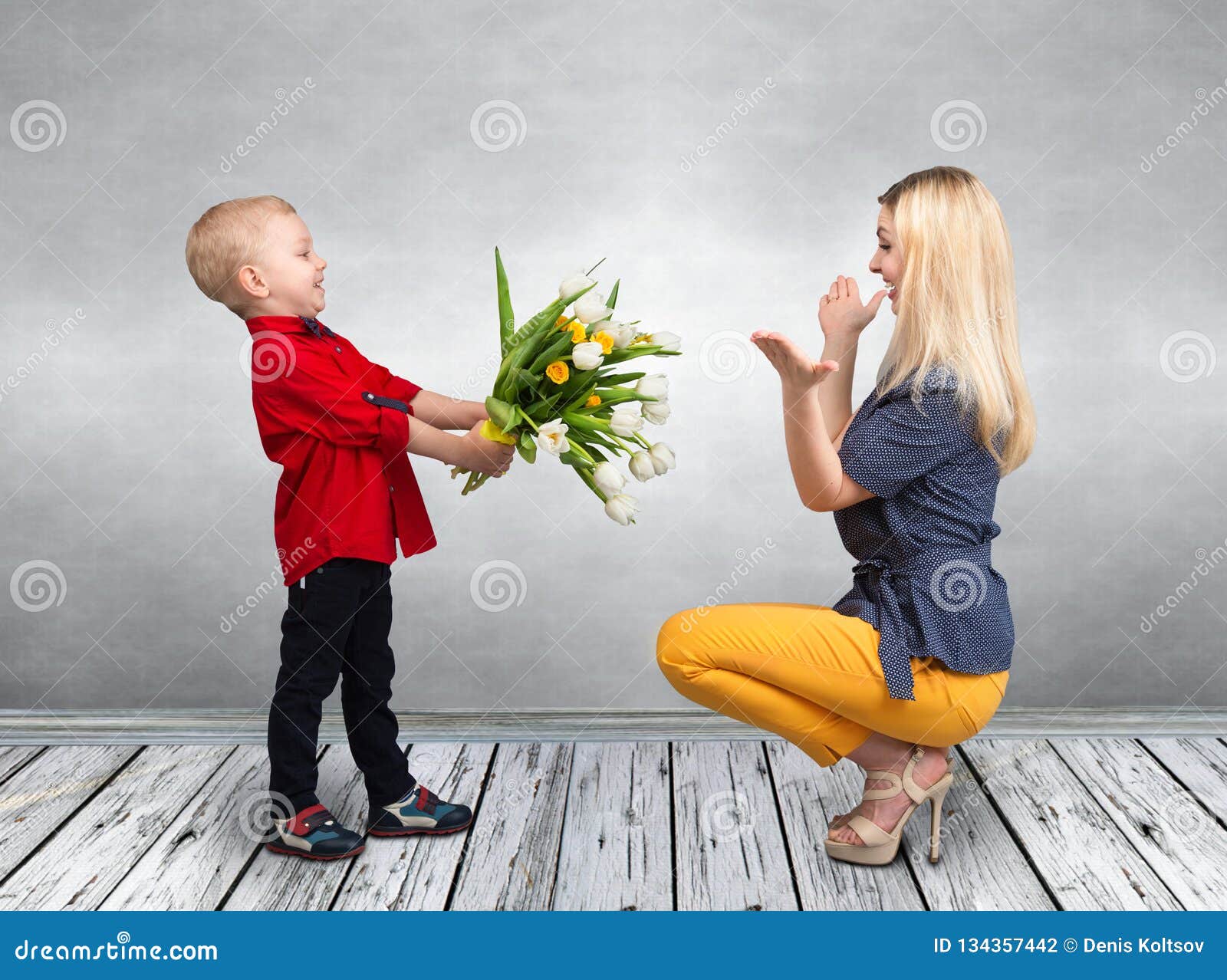 Son Gives His Beloved Mother A Bouquet Of Beautiful Tulips Spring