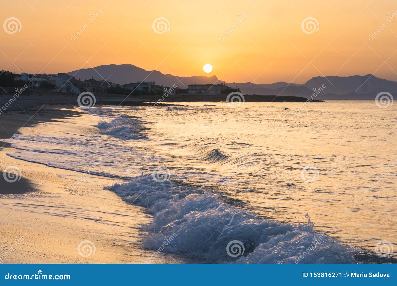 son serra de marina beach at sundet, mallorca island, spain