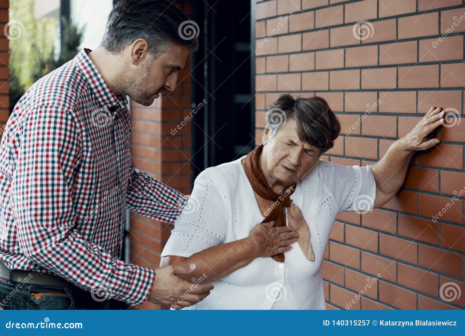 son trying to help his mother who is having shortness of breath