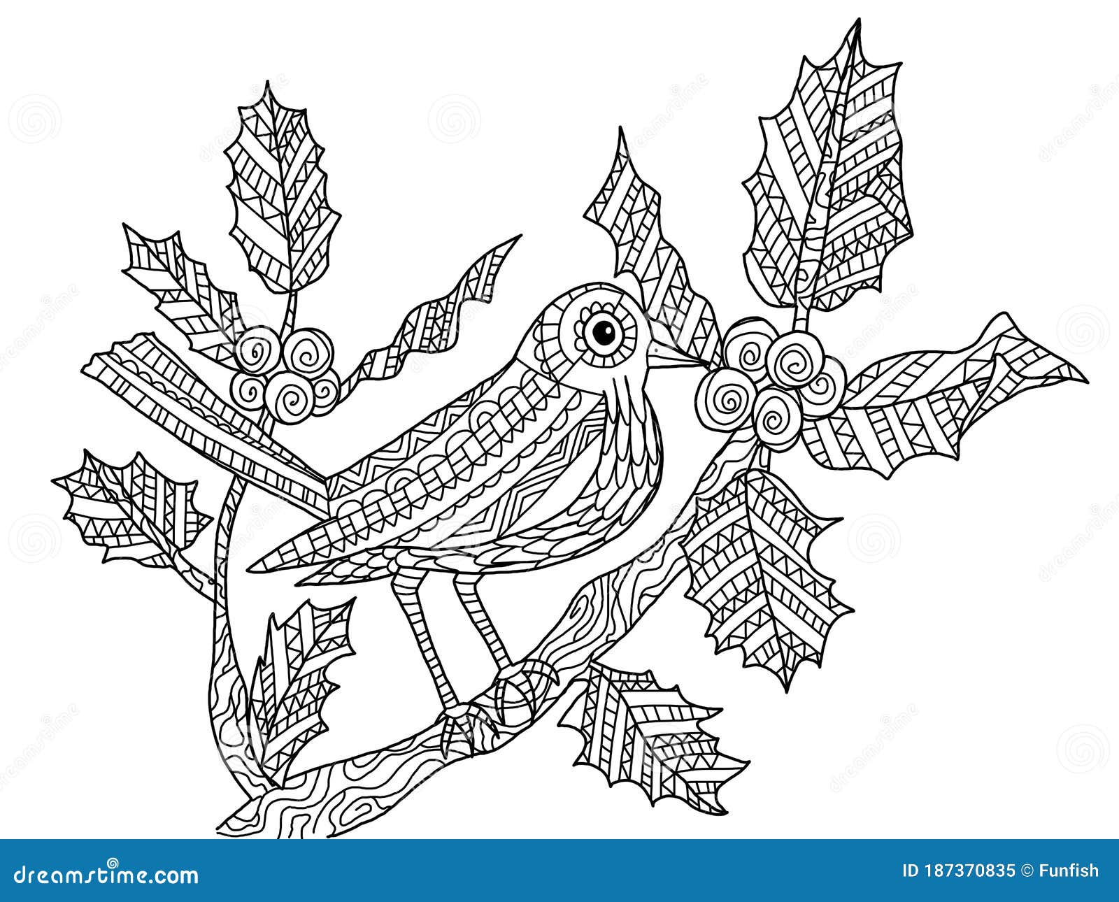 Songbird on Tree Branch with Flowers Coloring Page Stock ...