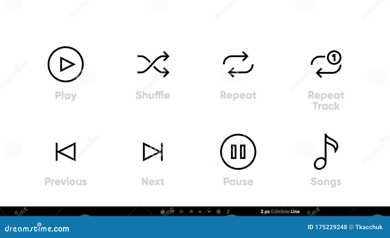 Songs and Music Control UI Icons. Play, Shuffle, Repeat Track, Next,  Previous and Pause Vector Set Stock Vector - Illustration of audio, pause:  175229248