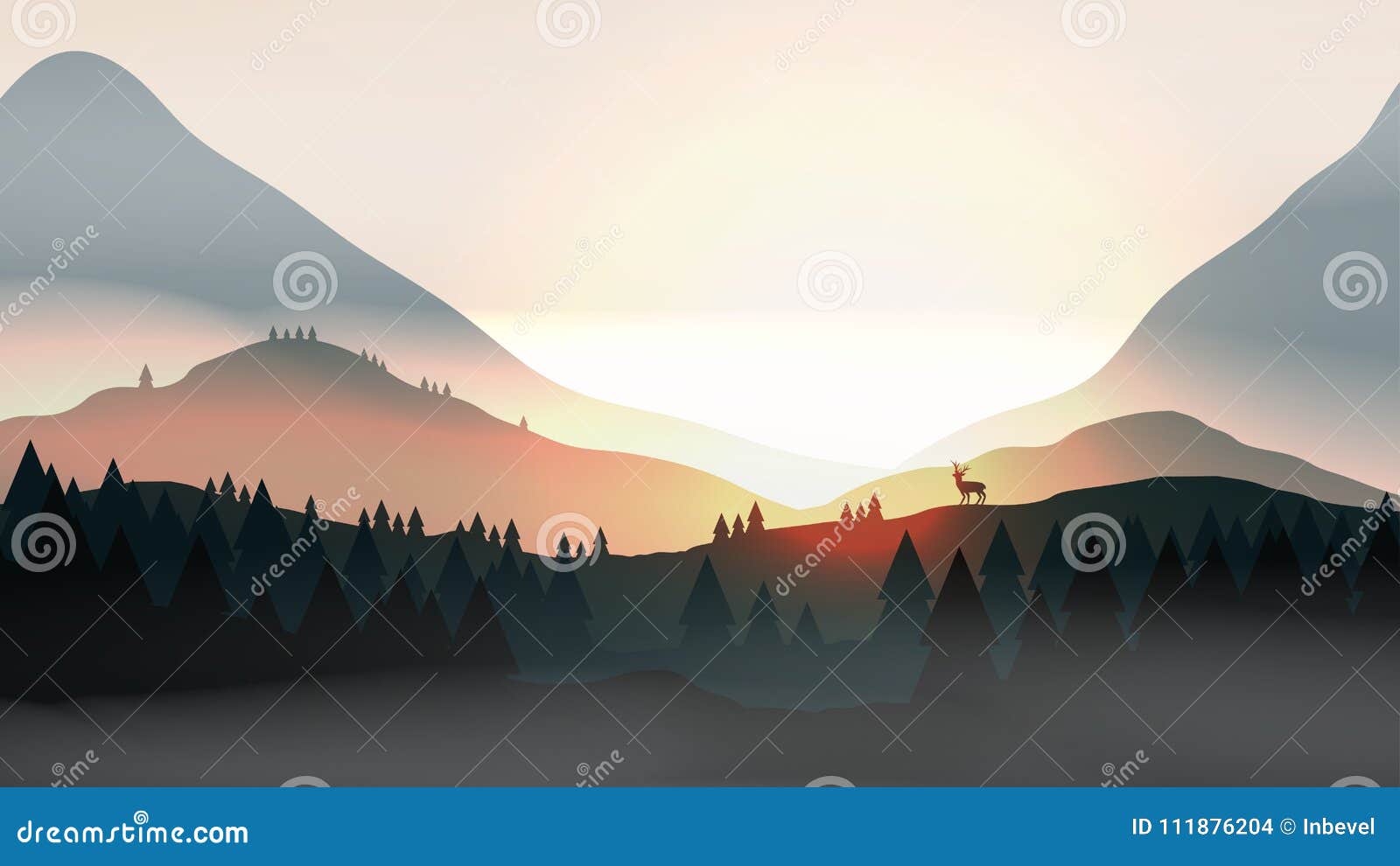 Sonnenuntergang oder Dawn Over Mountains mit Hirsch auf Bergkuppe-Kiefern-Wald. Sonnenuntergang oder Dawn Over Mountains mit Hirsch auf Bergkuppe-Kiefer Forest Landscape - Vektor-Illustration