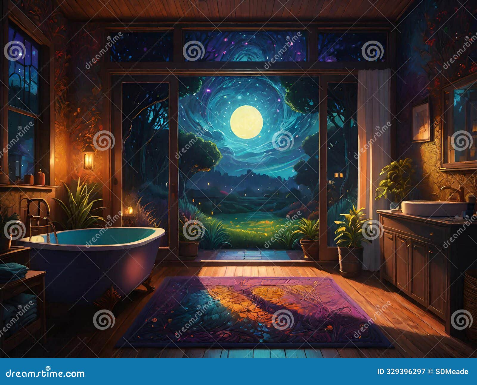 soothing magical bathroom in the moonlight