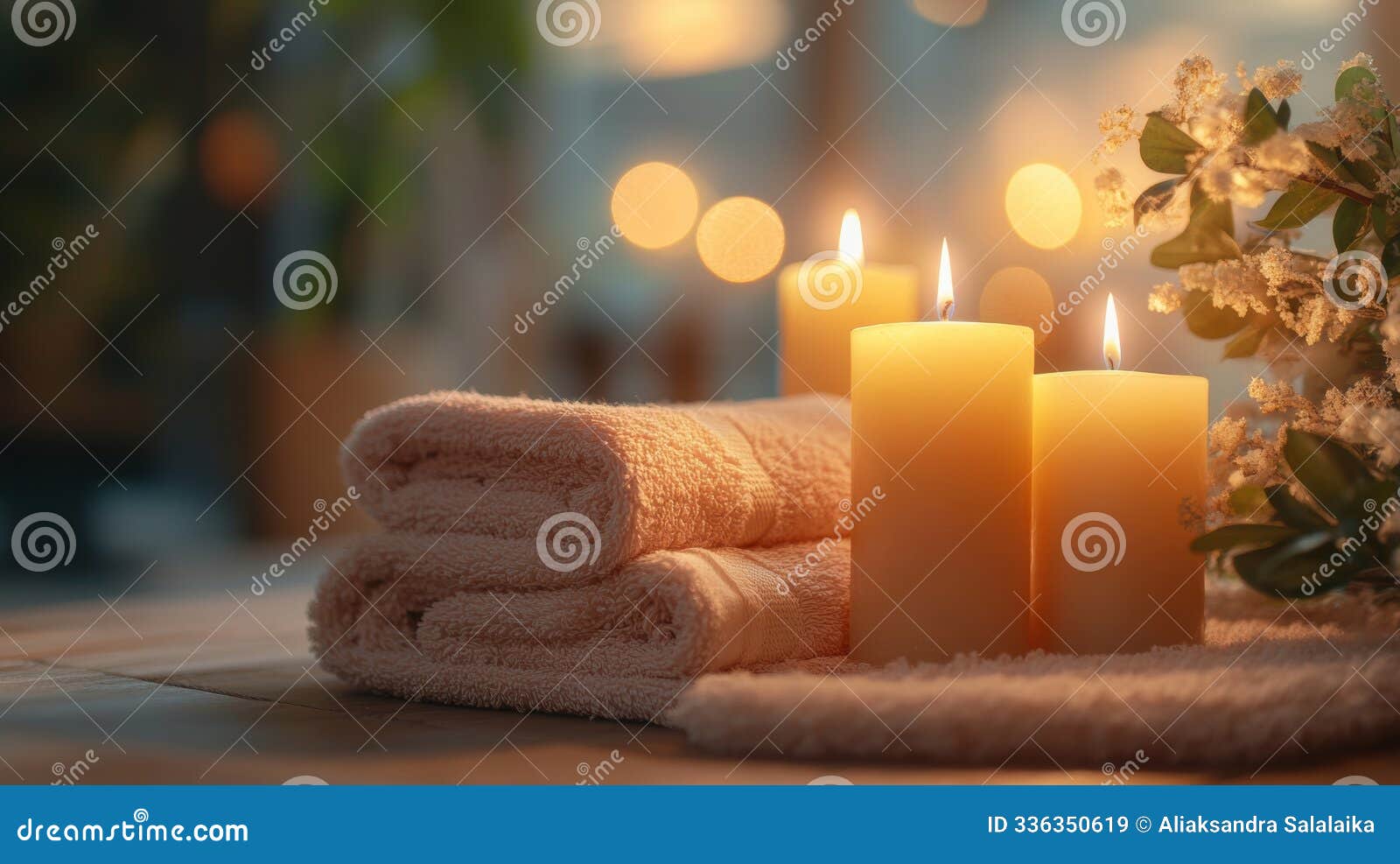 soothing spa ambiance with glowing candles and plush towels, promoting relaxation with aromatherapy candles for a serene