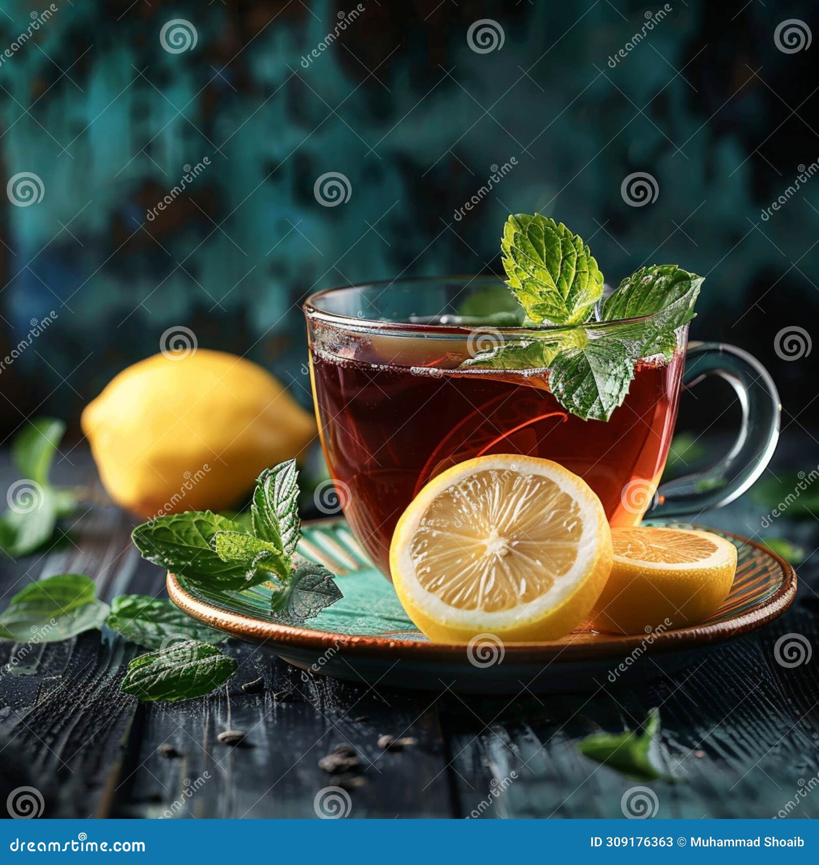 soothing tea presentation mint, lemon adornments, against dark backdrop