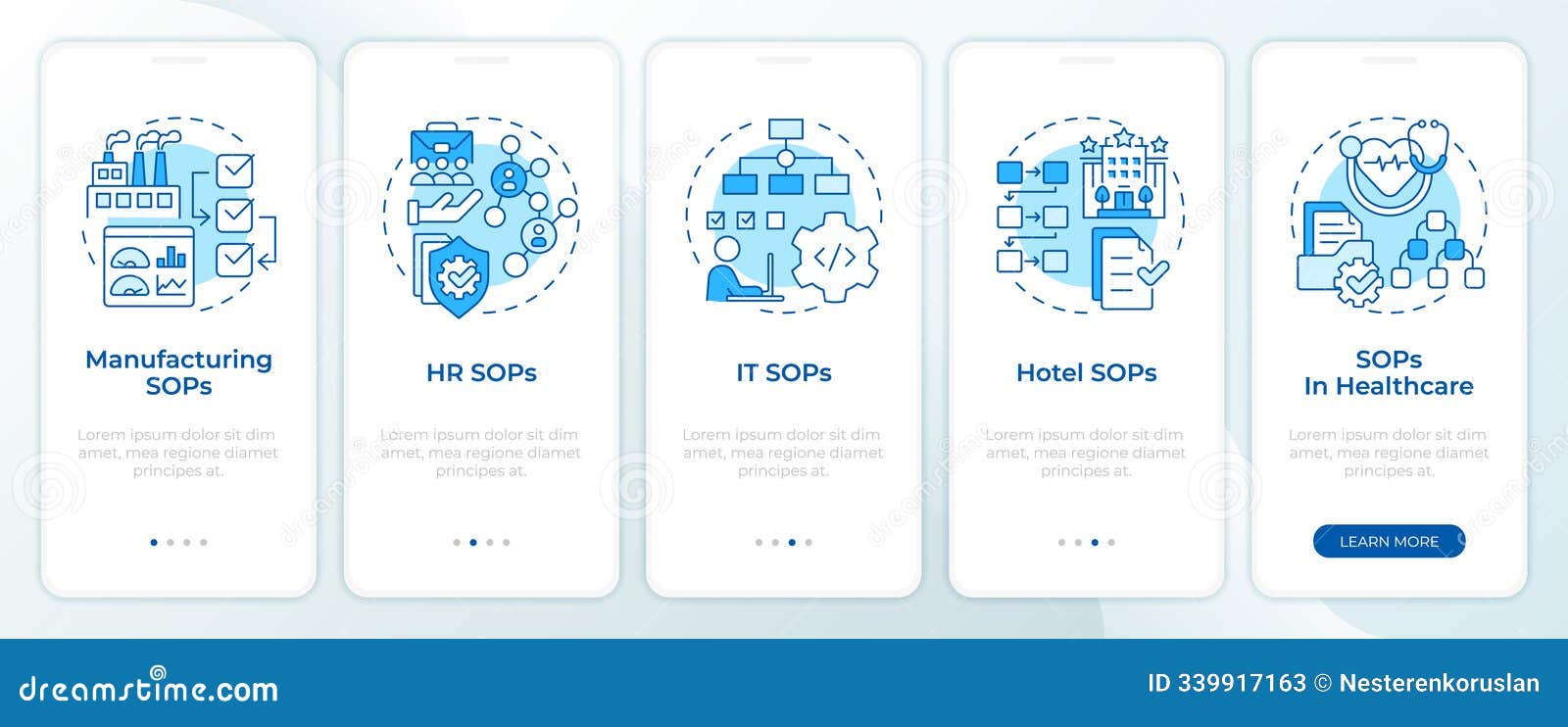 sop practices blue onboarding mobile app screen