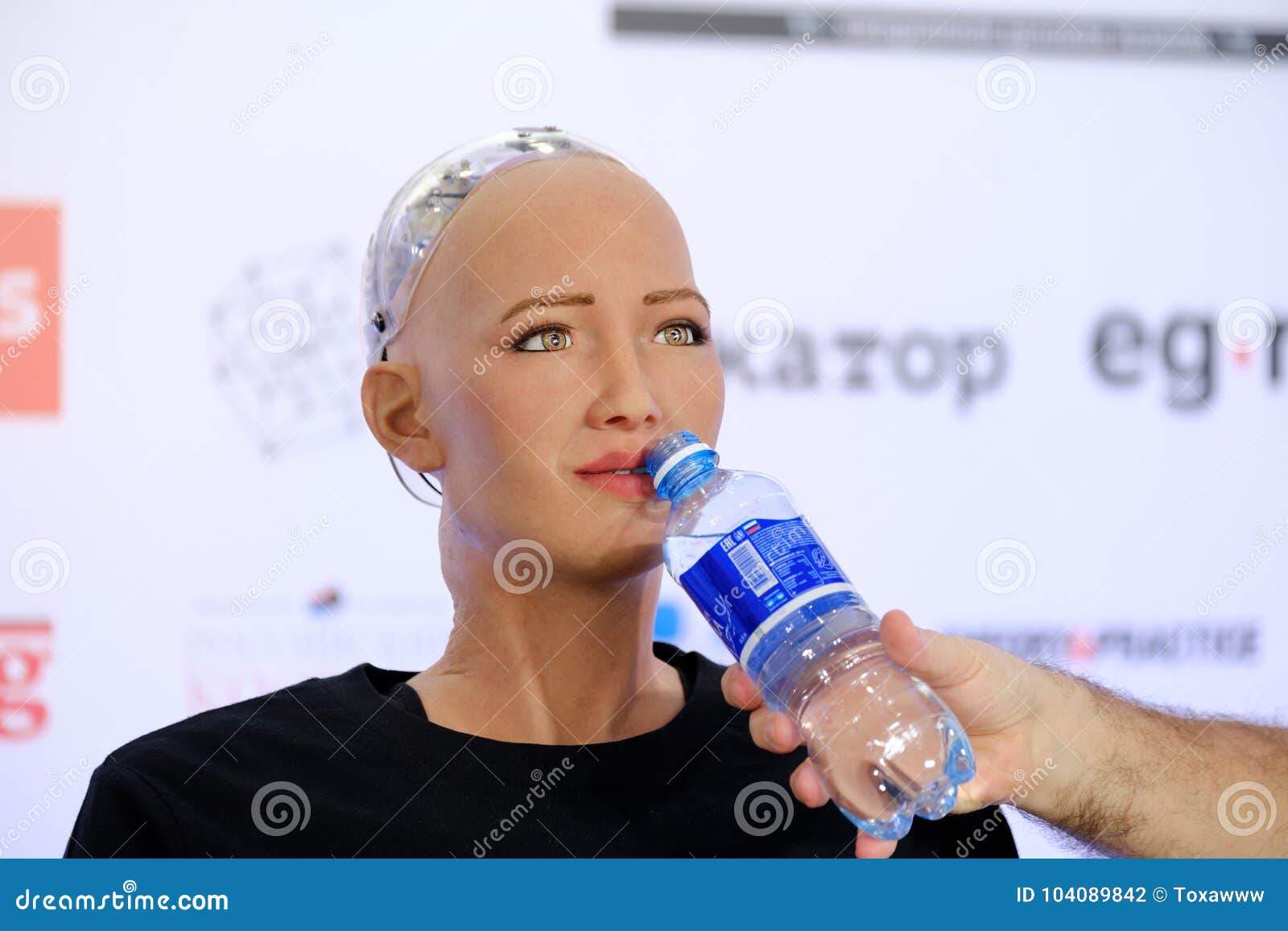 Moskwa Rosja, Październik, - 1, 2017: Sophia humanoid robot przy Otwierałyśmy innowacjami Konferencyjnymi przy Skolokovo technopark