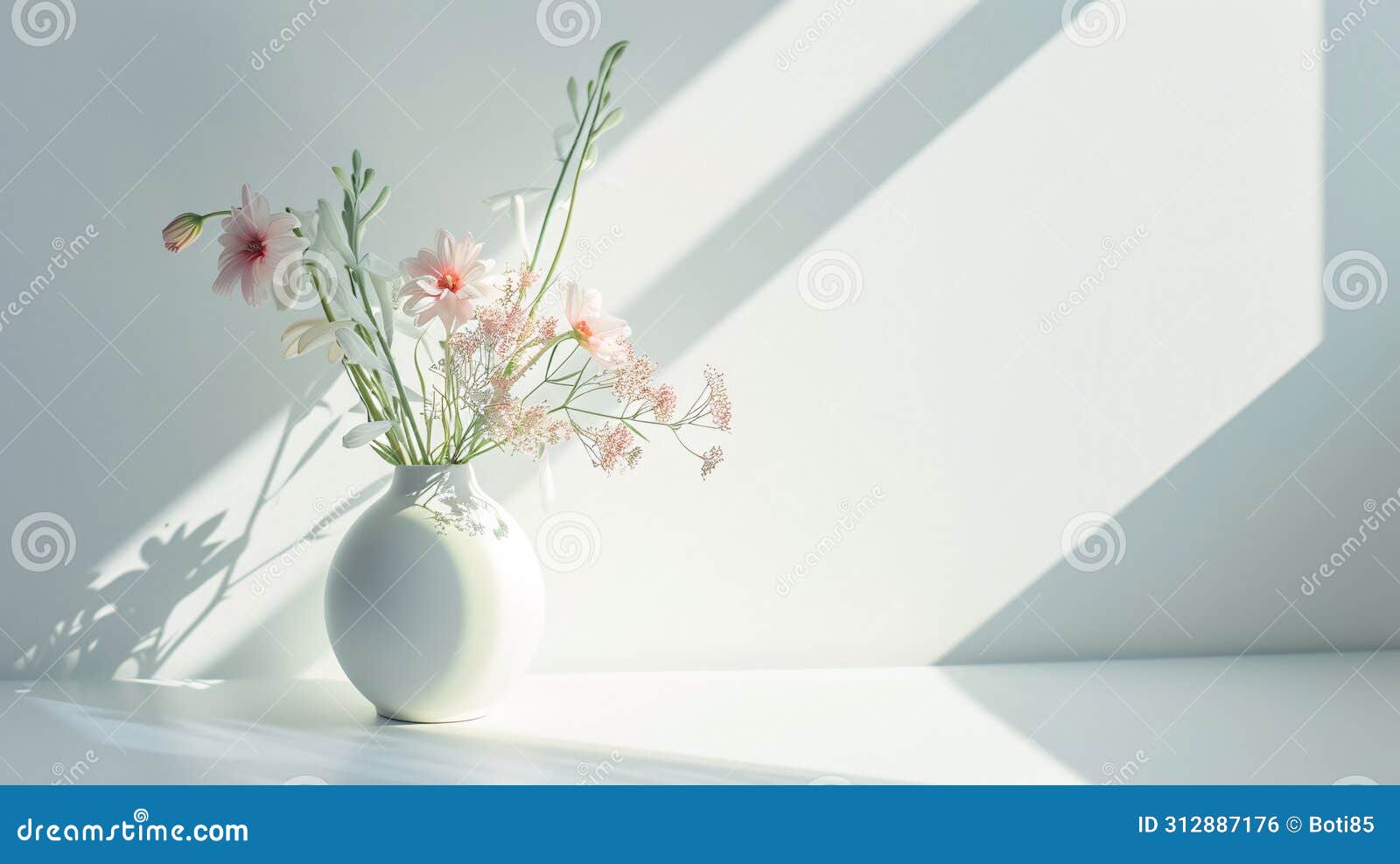 a sophisticated arrangement of fresh flowers in a minimalist vase casts soft shadows on the pristine white surface