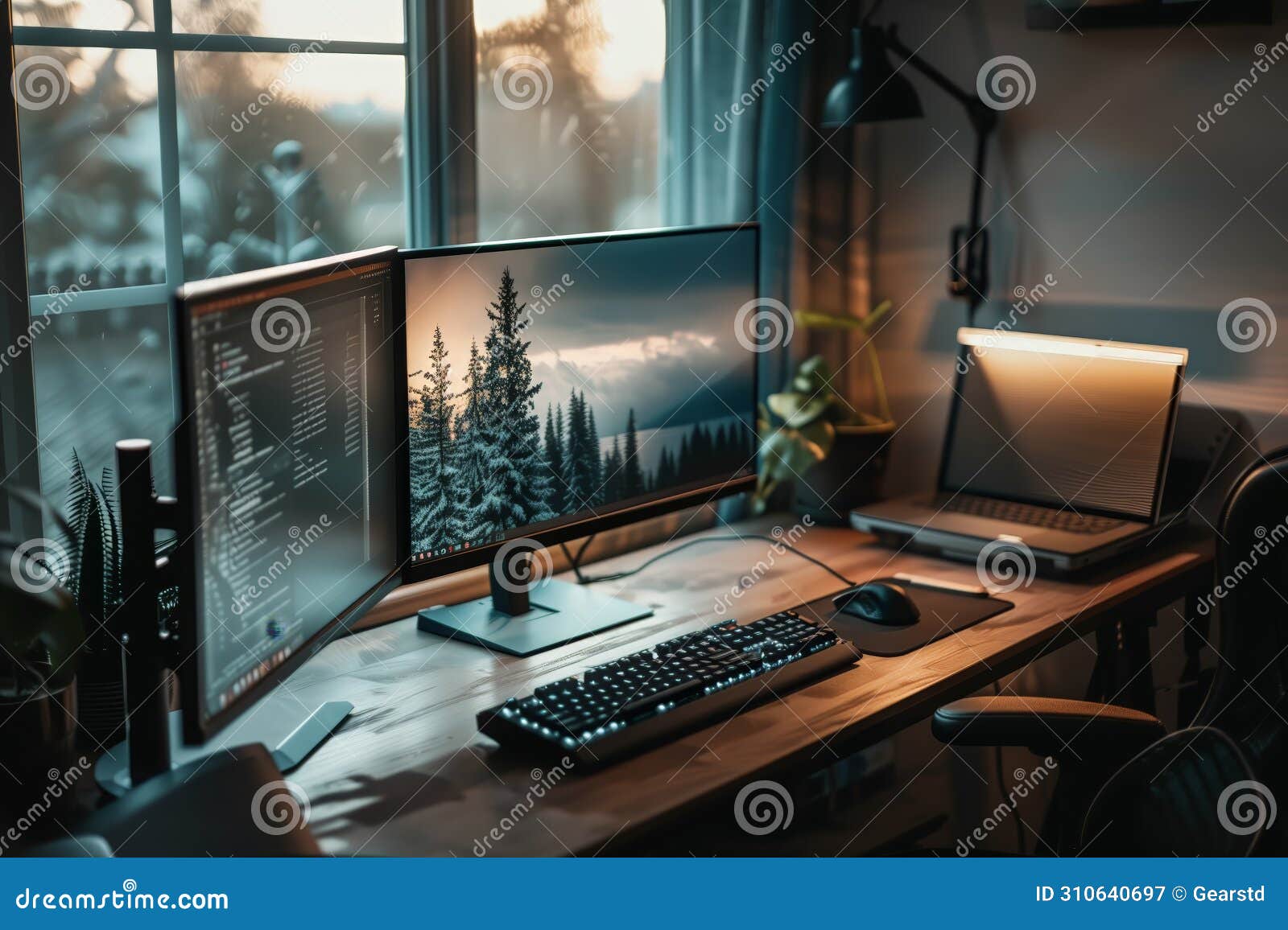 Sophisticated Dual-monitor Desk Setup with a Laptop Stock Image - Image