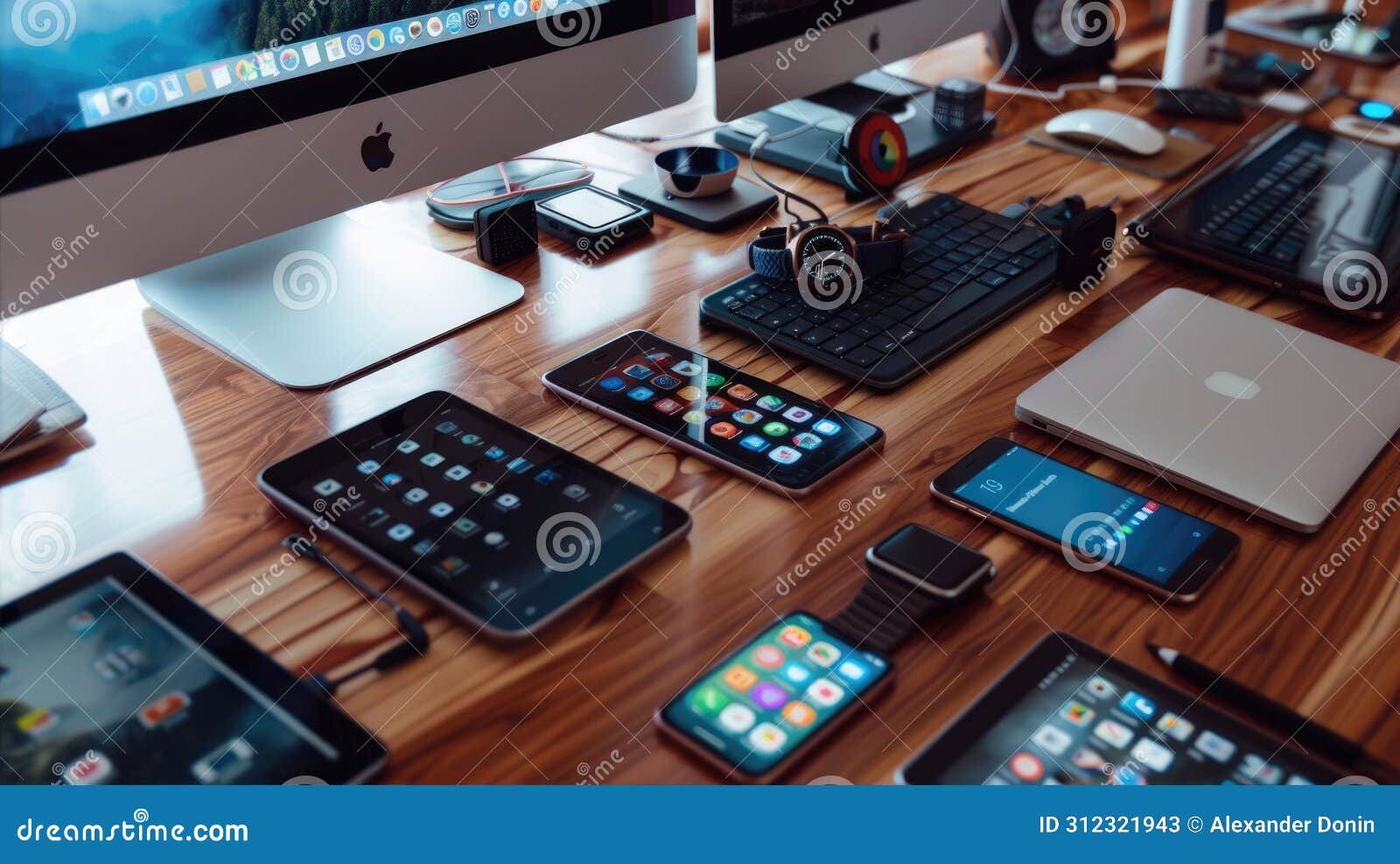 modern workspace setup with imac, macbooks, iphones, ipads, and apple watch