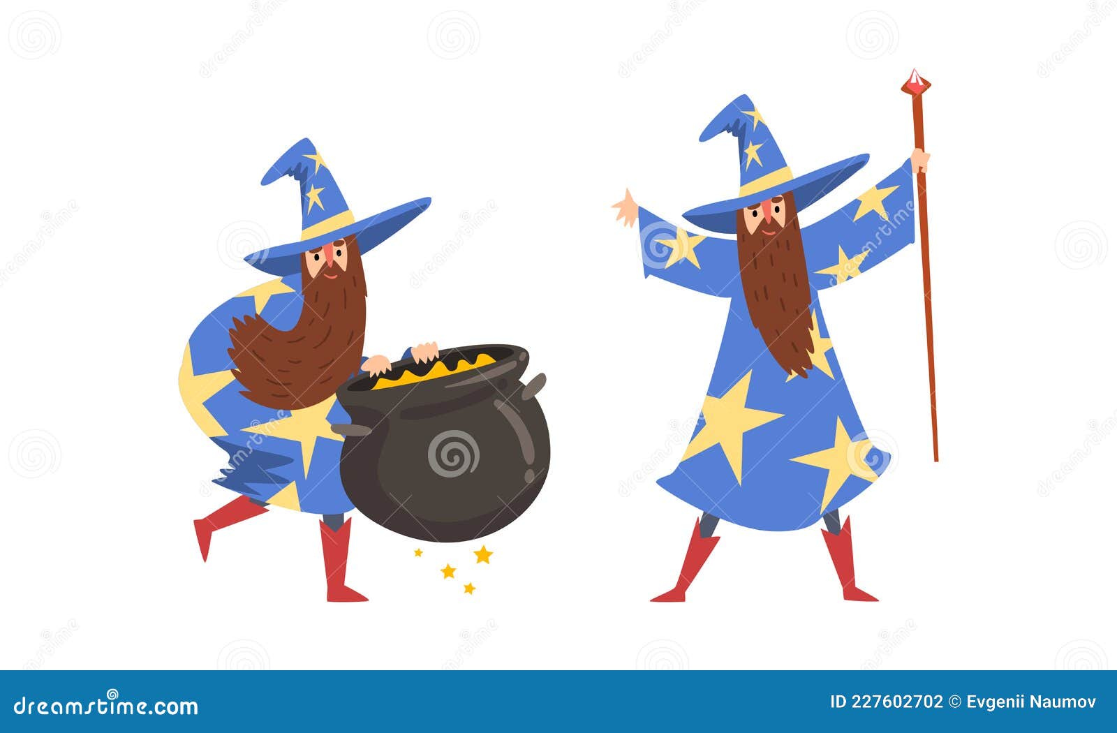 sorcerer in pointed hat and starry gown practicing wizardry and witchcraft with magic stick and cauldron  set