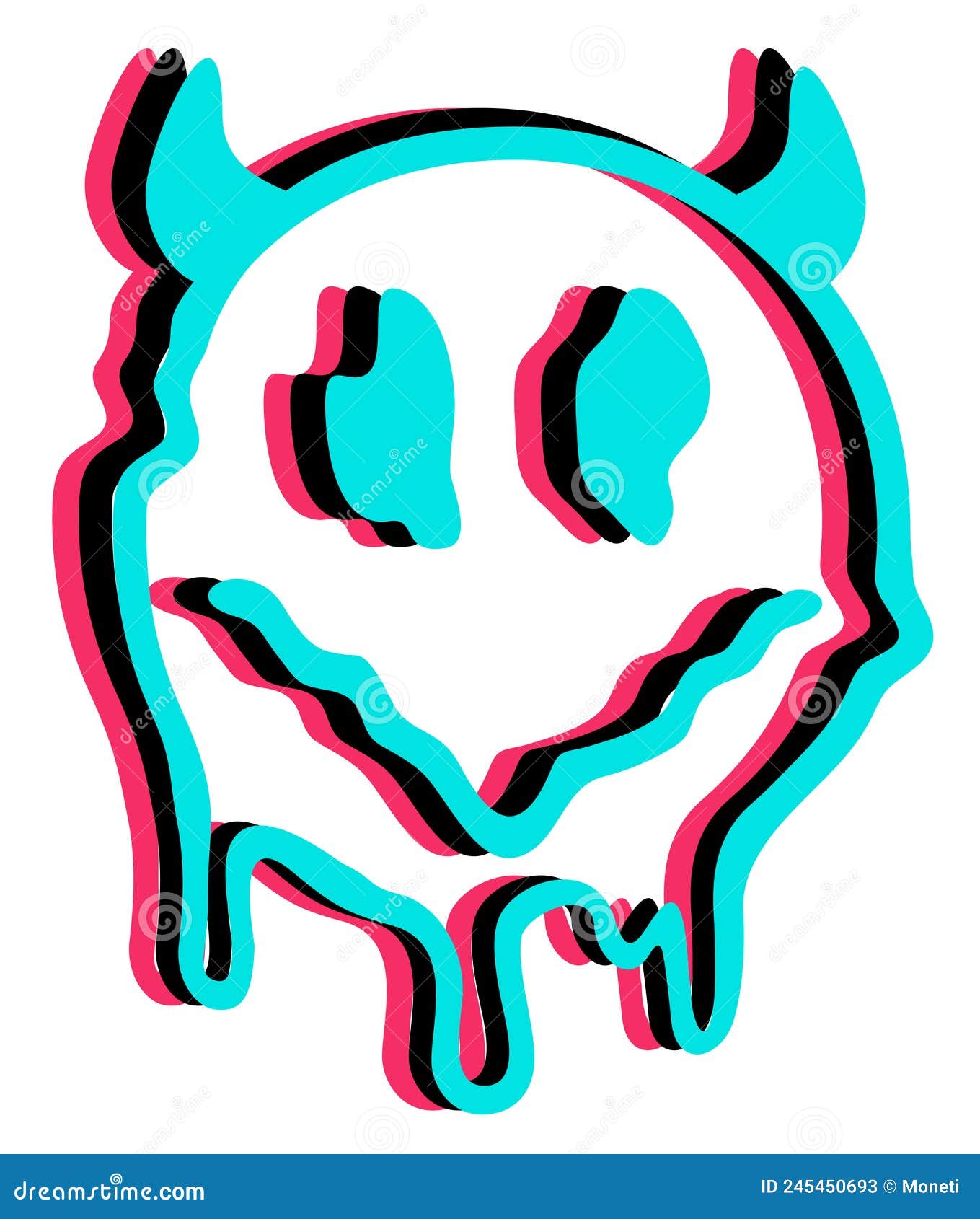 Rosto de emoji engraçado com chifres de diabo na impressão de t