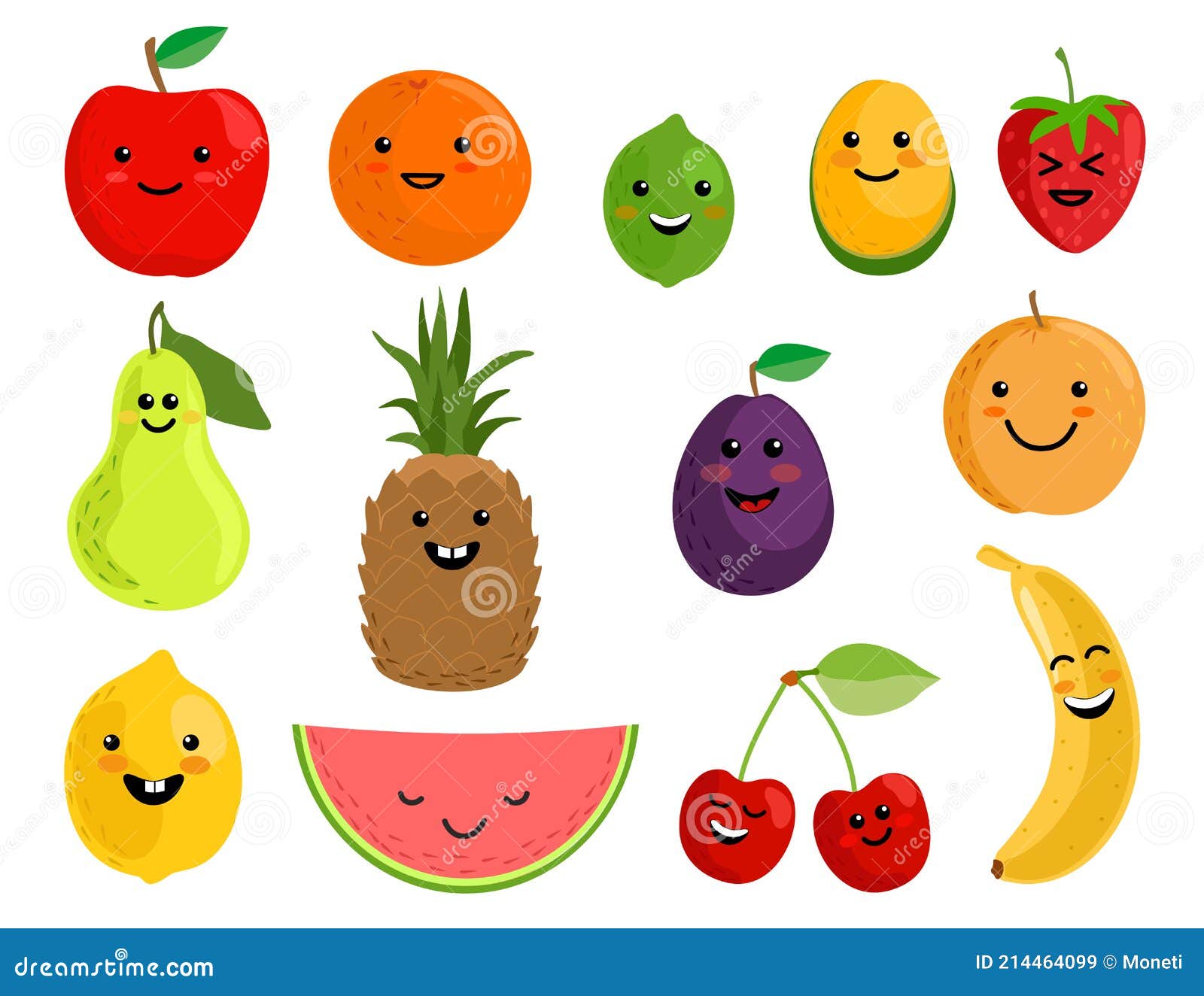 Conjunto de frutas kawaii dos desenhos animados isolado