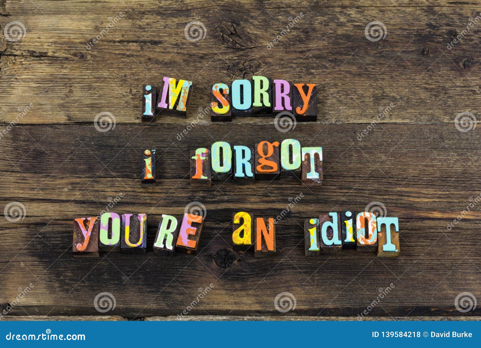 Sorry Idiot Funny Friend Stupid Letterpress Stock Photo - Image of ...