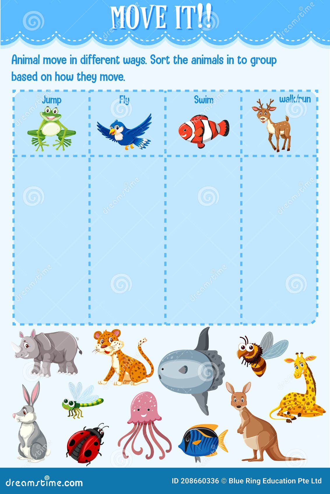 sort the animal into the group based on how they move worksheet for kindergarten stock vector illustration of action preschool 208660336