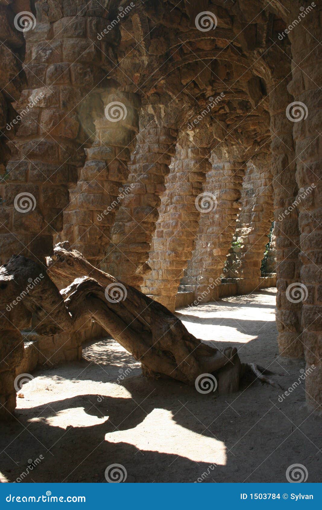 Sosta Guell del Gaudi a Barcellona - le vie e le colonne incurva. La sosta Guell a Barcellona è una delle soste di capolavoro del Gaudi originale progettate come mercato. I collonades naturali stanno avvolgendo sulla collina. I percorsi portano ad un grande terrazzo centrale che proietta sopra un corridoio. I banchi del terrazzo sono coperti in trencadis - lavoro di mosaico rotto. La foto descrive le colonne ed il archway della roccia.