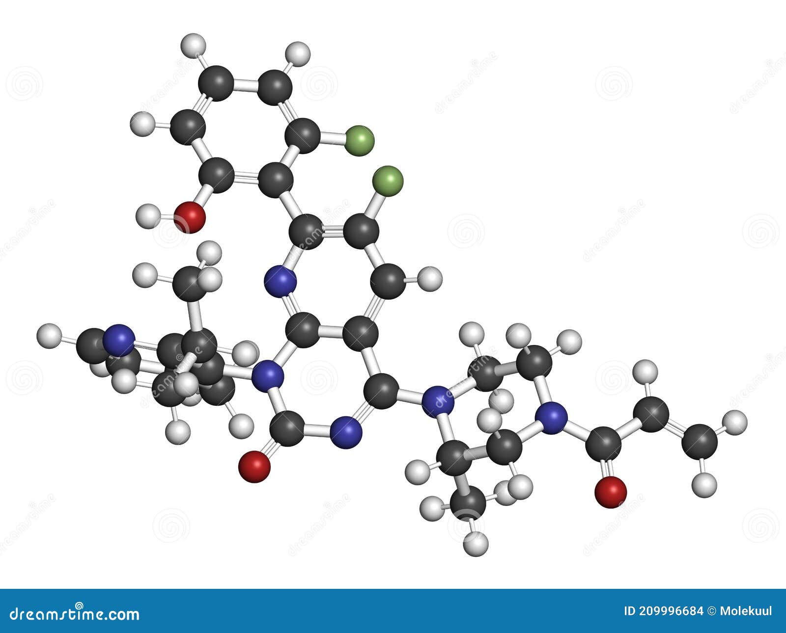sotorasib cancer drug molecule. 3d rendering. atoms are represented as spheres with conventional color coding: hydrogen white,