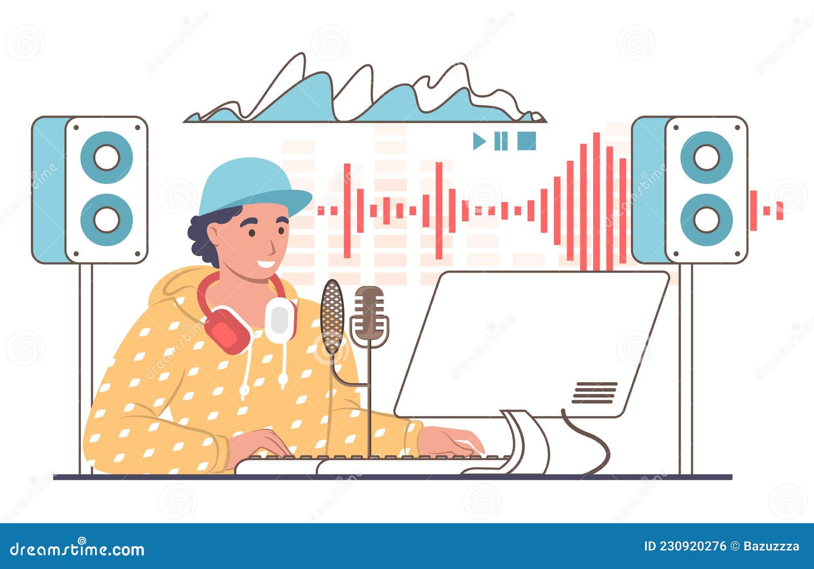 Sound Designer, Engineer Creating Sound Tracks in Studio, Vector