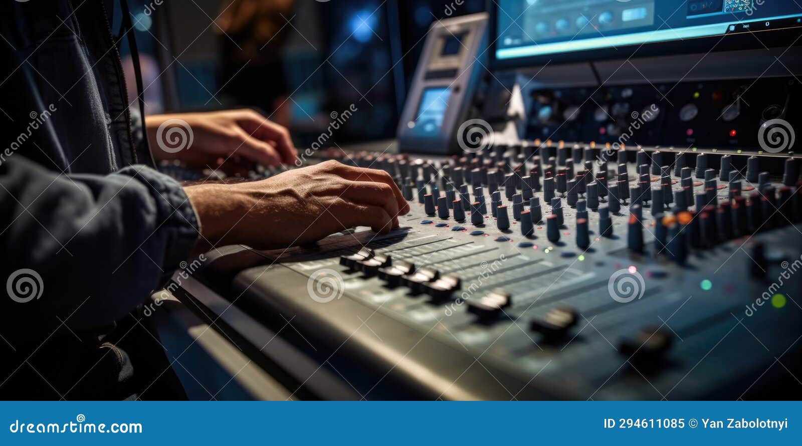 sound engineer setup closeups on a sound engineer with a studio sound and visual mixer used for medi